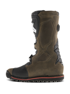 Alpinestars Tech-T Boots, Trials Motorcycle Boots, Brown Oiled, side profile view featuring black ergonomic shin plate, textured leather upper, reinforced toe, and durable sole with red accent line