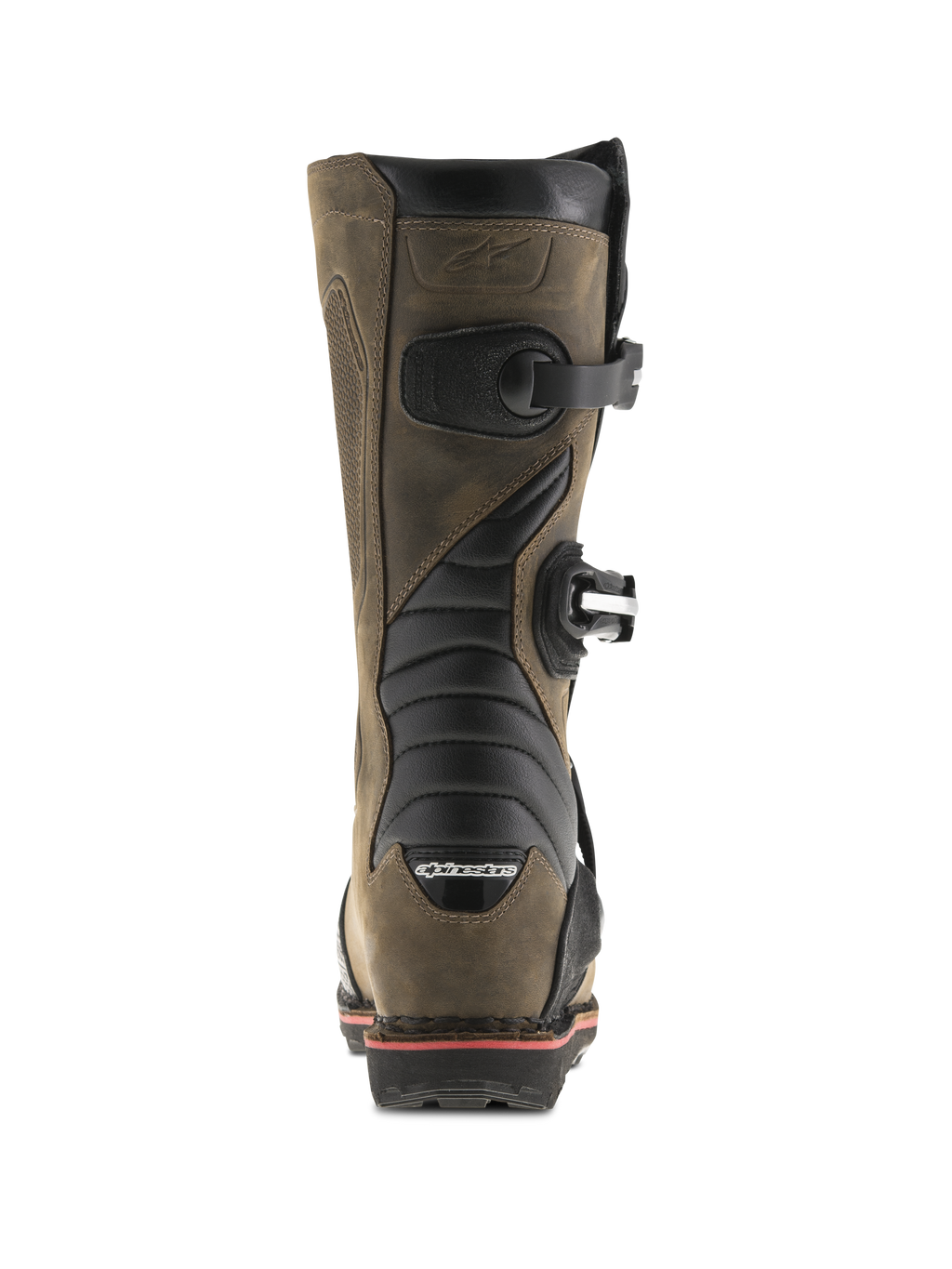 Alpinestars Tech-T Boots, Brown Oiled, Rear view featuring black accordion flex zones, side buckles, and Alpinestars branding on the heel, professional trials motorcycle boots with a rugged leather finish.
