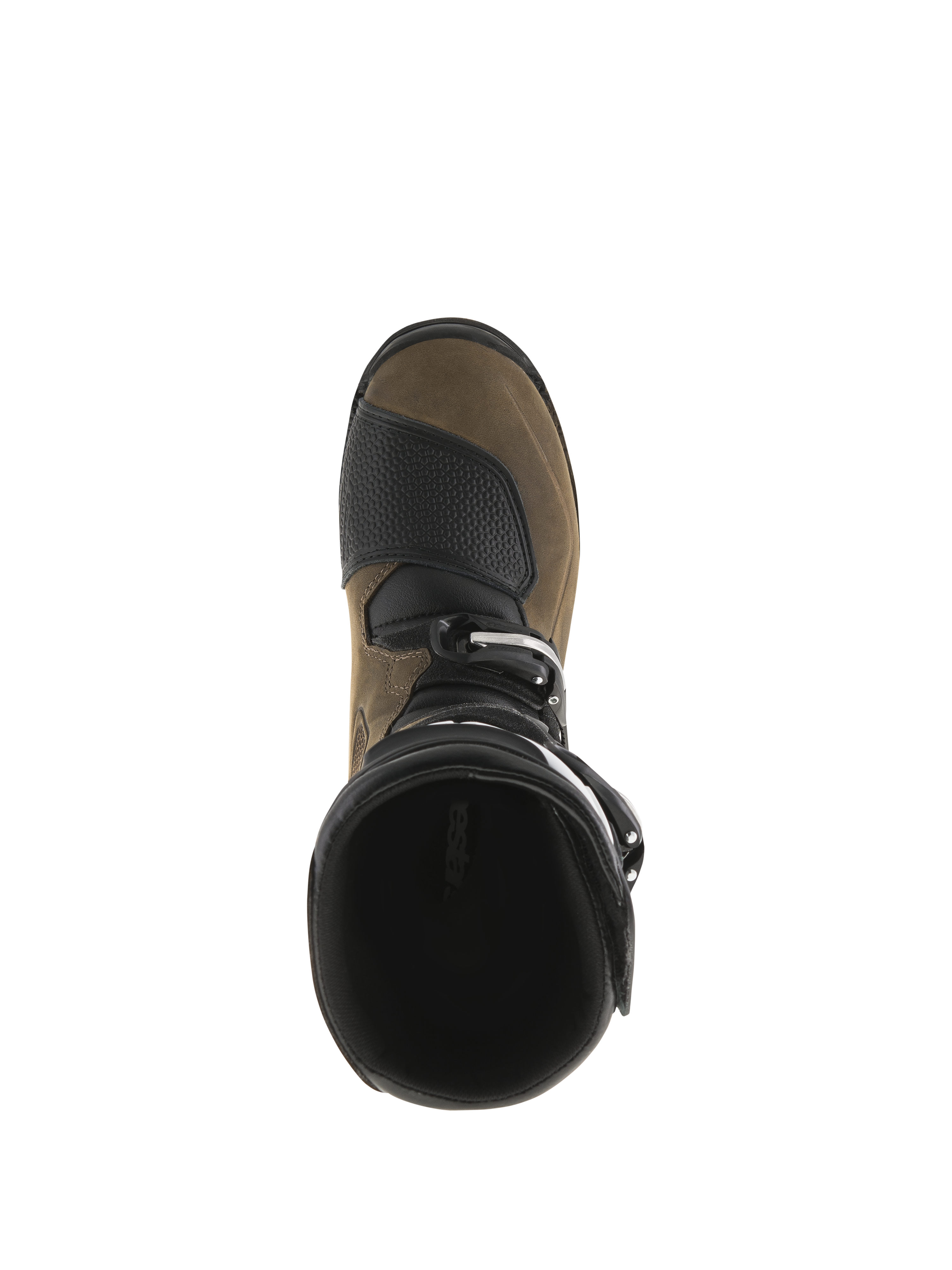 Alpinestars Tech-T Boots, Trials Motocross Boots, Brown Oiled and Black, top-down view showing the boot opening and toe box, textured protective panels, rugged leather construction for trials riding