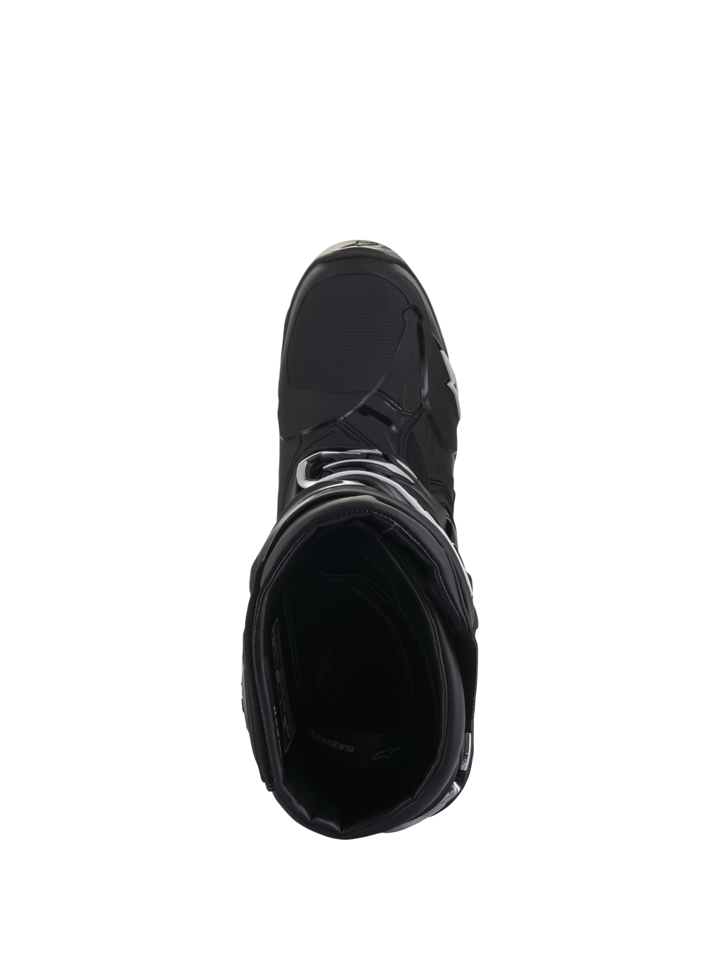 Alpinestars Tech 10 Boots, Motocross Boots, Black, top-down view showing interior padding and streamlined outer shell, high-performance design for off-road racing