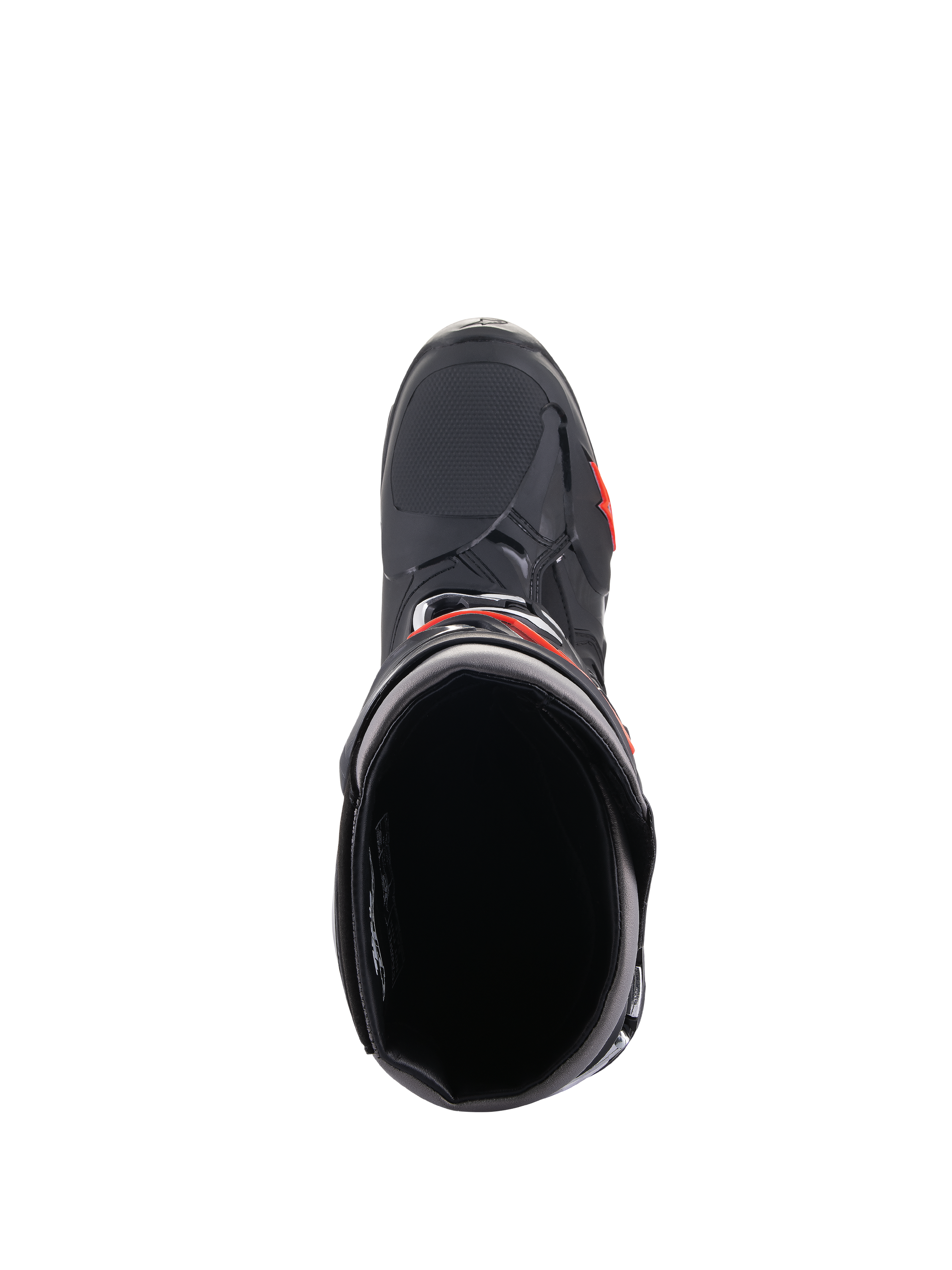 Alpinestars Tech 10 Boots, Motocross Boots, Black and Red Fluo, top-down view looking into the boot opening, featuring a streamlined black shell with red accents and textured toe area