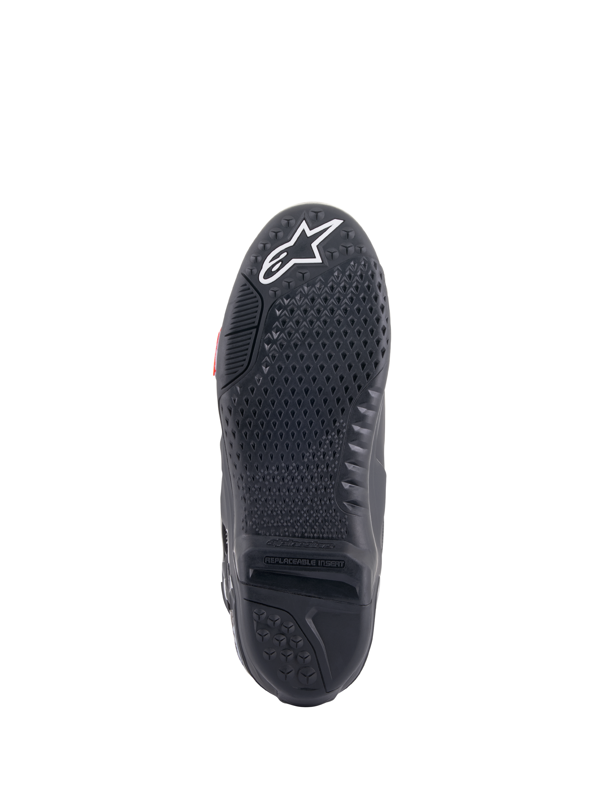 Alpinestars Tech 10 Boots, Motocross Boots, Black, underside view of the sole featuring a textured grip pattern, white star logo at the toe, and a replaceable central sole insert for off-road performance.