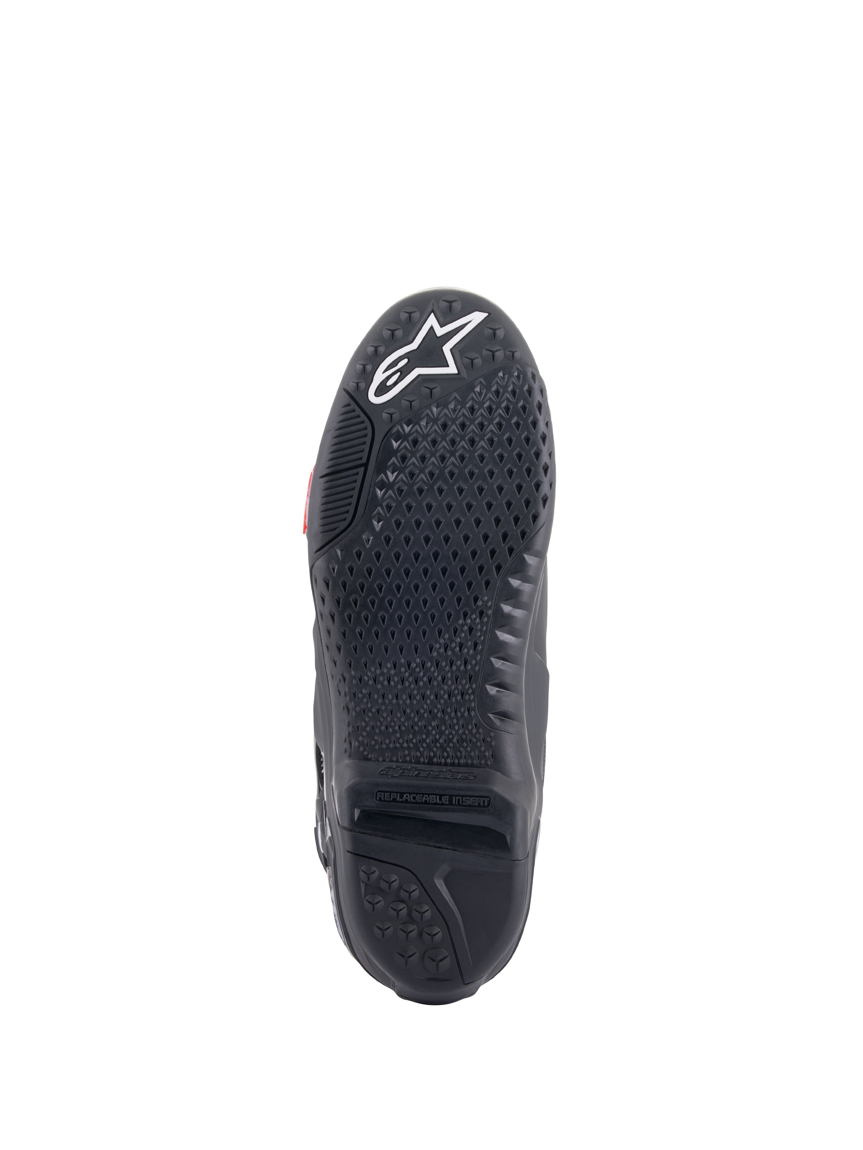 Alpinestars Tech 10 Boots, Motocross Boots, Black, underside view of the sole featuring a textured grip pattern, white star logo at the toe, and a replaceable central sole insert for off-road performance.