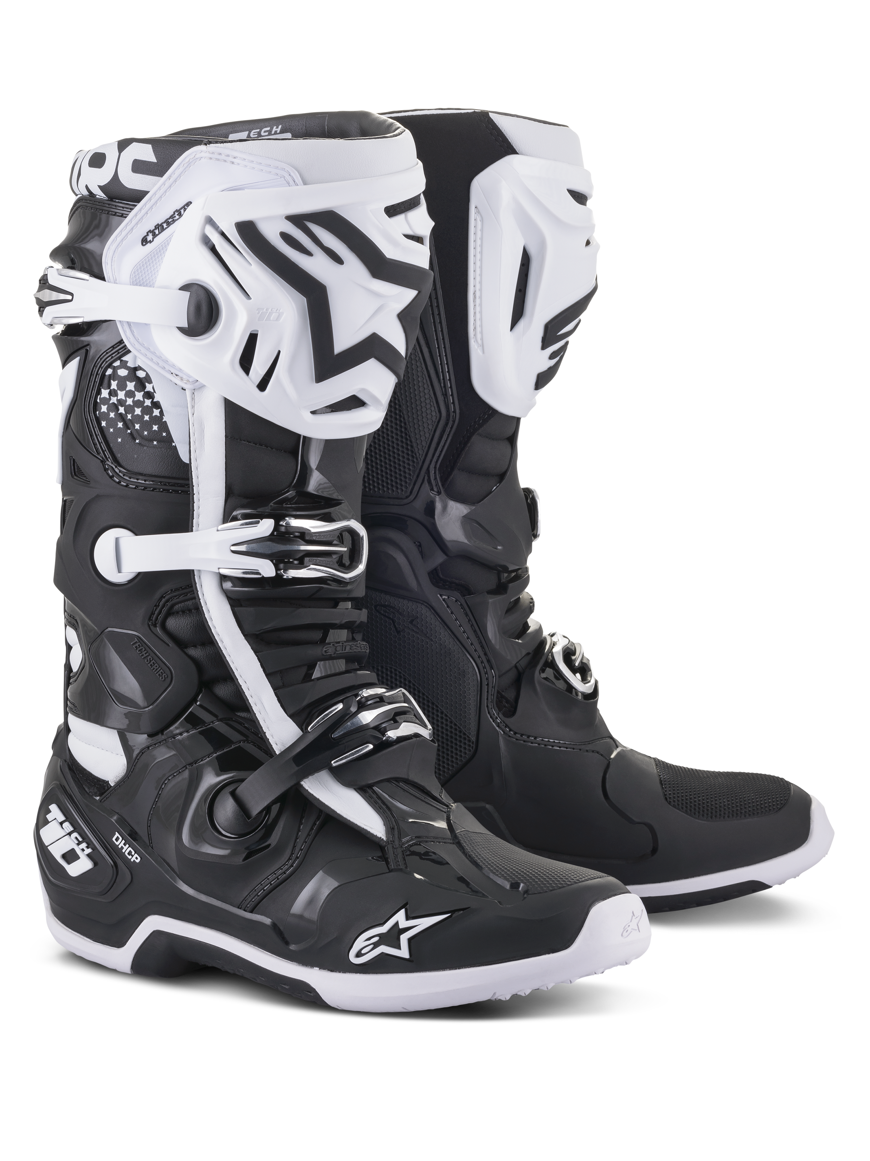 Alpinestars Tech 10 Motocross Boots, Black and White, high-performance protective design with white shin plates, black star logos, adjustable buckles, and DHCP heel protection, rugged textured soles for off-road racing