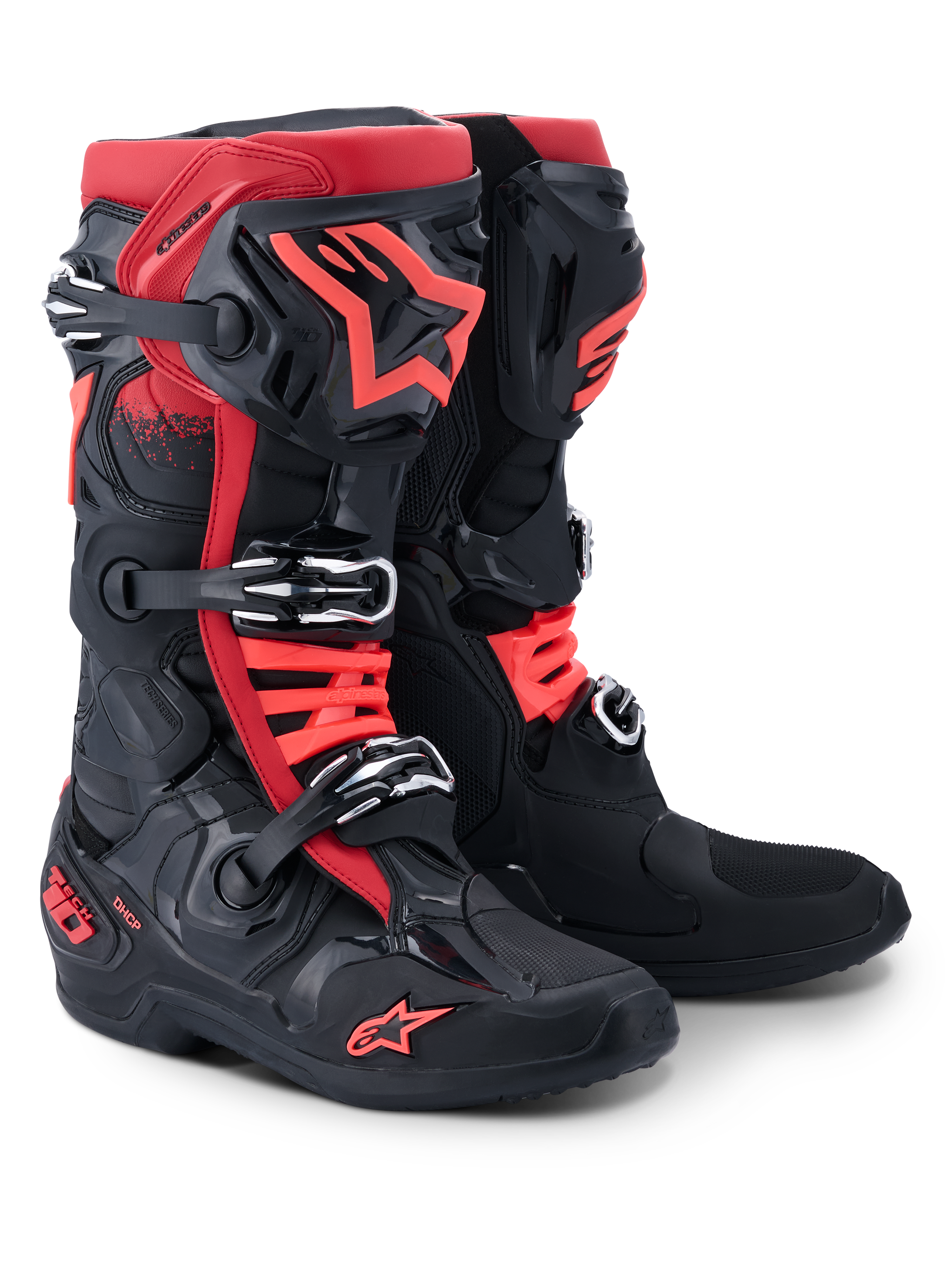 Alpinestars Tech 10 Boots, Motocross Boots, Black and Red, featuring a triple buckle closure system, red Alpinestars star logo on the shin and toe, DHCP branding on the heel, professional-grade protective design for off-road racing