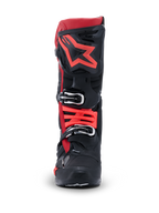 Alpinestars Tech 10 Boots, Motocross Boots, Black and Red, front view featuring large red star logo on the shin plate and silver buckle closures, advanced protective gear for off-road racing