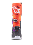Alpinestars Tech 10 Boots, Motocross Boots, Black, Red Fluo, Orange Fluo, and White with Purple accents, front view showing multi-buckle closure system and large white logo on the shin protector