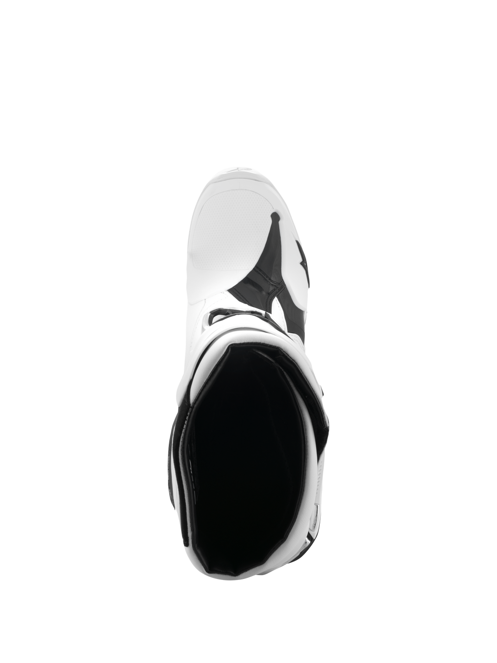 Alpinestars Tech 10 Boots, Motocross Boots, White and Black, top-down view looking into the boot interior, highlighting the padded opening and footbed, professional off-road racing footwear