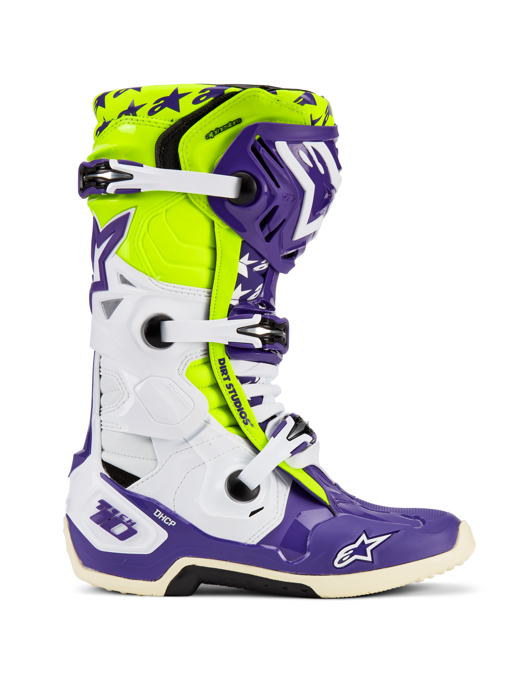 Alpinestars Tech 10 Dirt Studios® LE Boots, Motocross Boots, Purple White and Yellow Fluo, side profile featuring white adjustable buckles, star pattern graphics, protective TPU components, and rugged sole for off-road performance