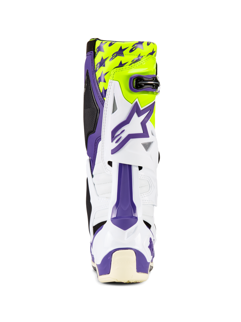 Alpinestars Tech 10 Dirt Studios® LE Boots, Motocross Boots, White Purple and Yellow Fluo, rear view, featuring purple star graphics on a fluorescent yellow background, white TPU shell with purple accents, professional off-road protective footwear