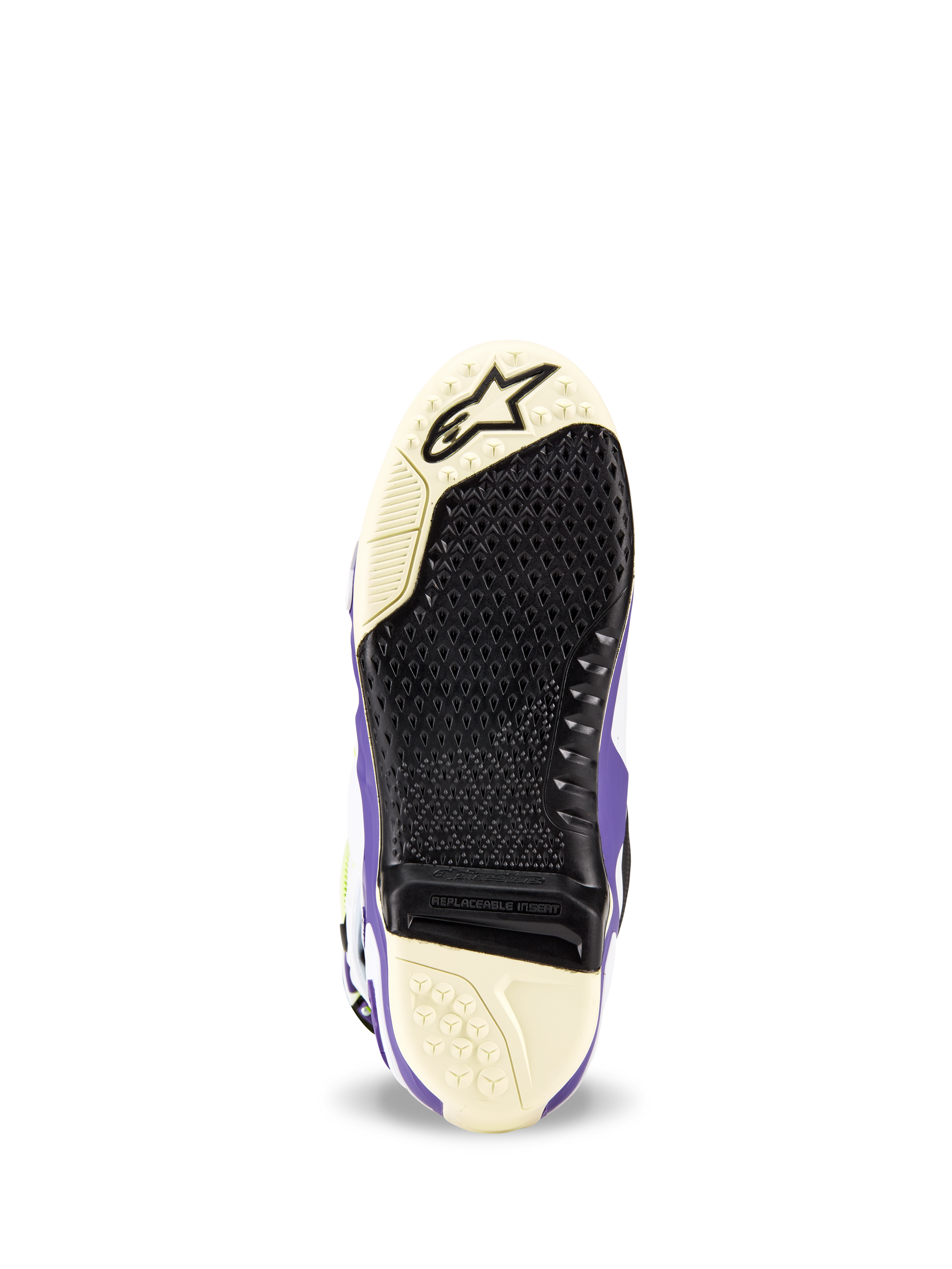 Alpinestars Tech 10 Dirt Studios® LE Boots, sole view, White Purple and Black, textured grip pattern with replaceable central insert, Alpinestars logo at the toe, durable motocross boot sole design