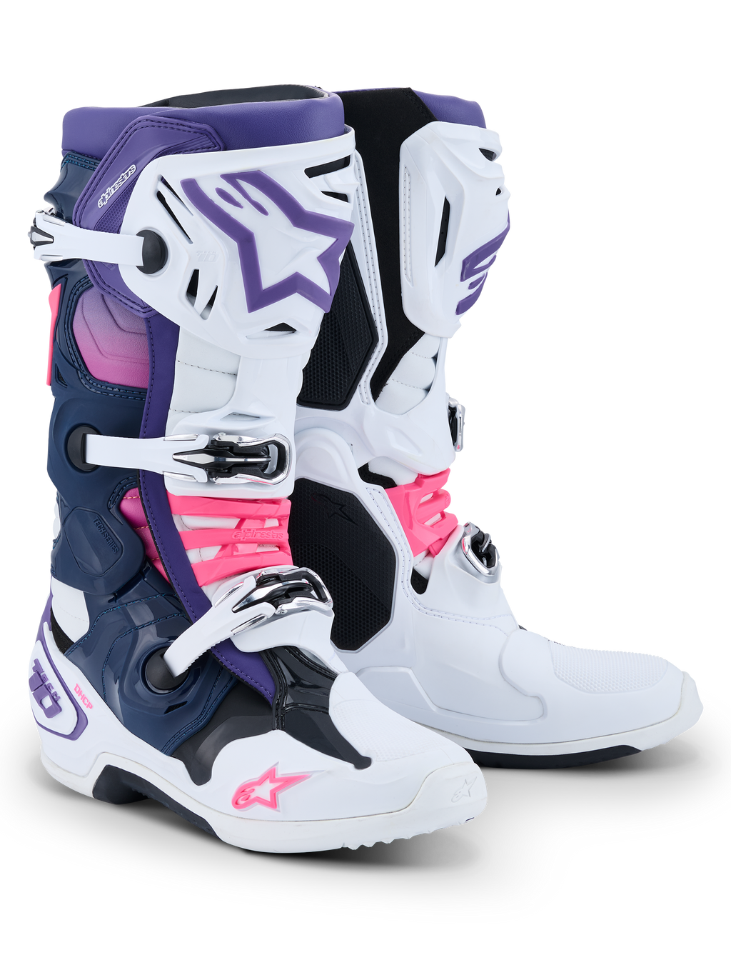 Alpinestars Tech 10 Boots, Motocross Boots, White Violet Navy Blue and Pink Fluo, featuring a triple-buckle closure system, navy and purple panels, and bright pink accents on the straps and logos, professional-grade off-road racing footwear.