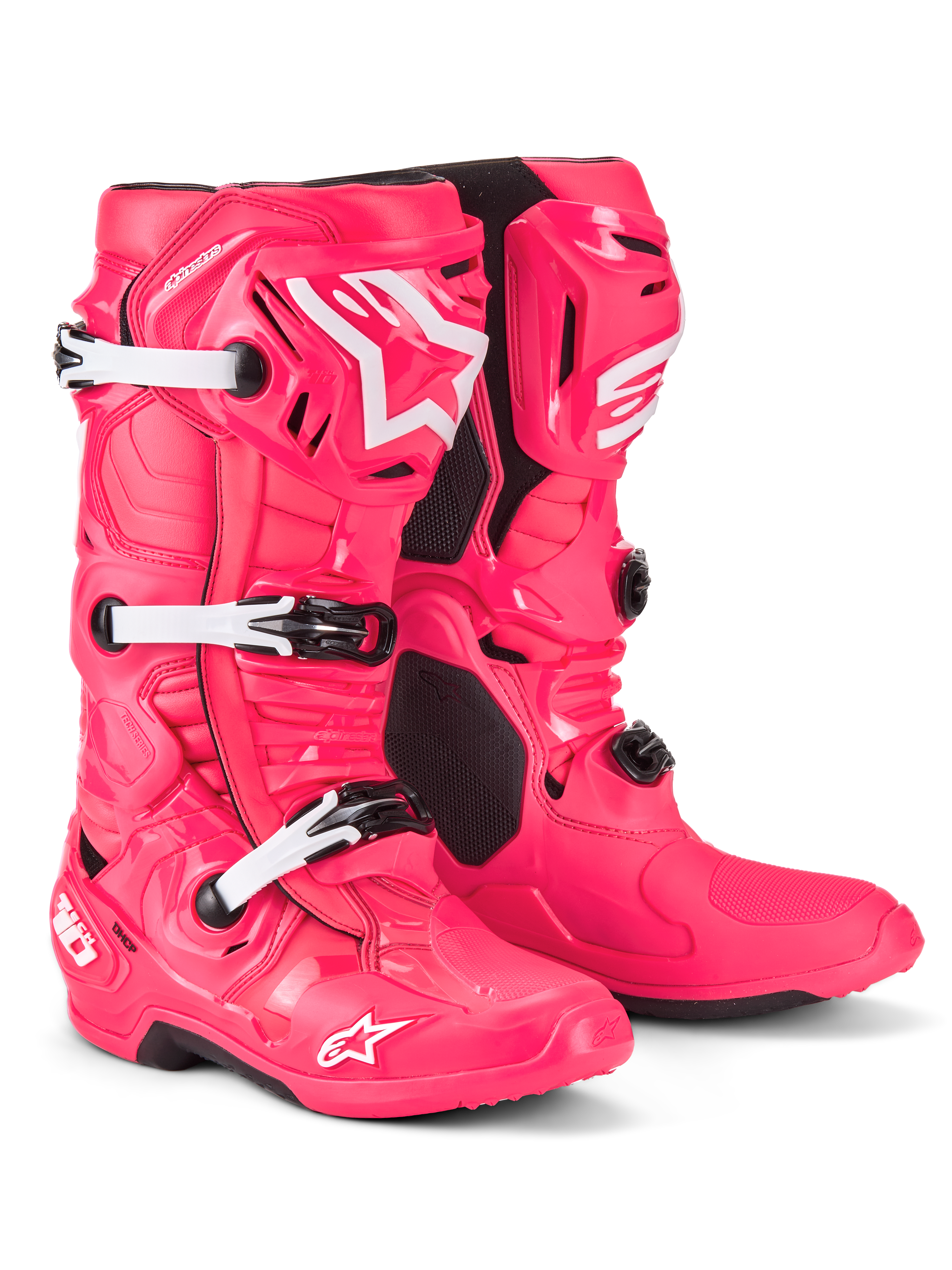 Alpinestars Tech 10 Boots, Motocross Boots, Diva Pink and White, featuring a lightweight composite construction with a triple buckle system, TPU protective shell, and iconic star logo on the shin and toe, professional off-road racing footwear.