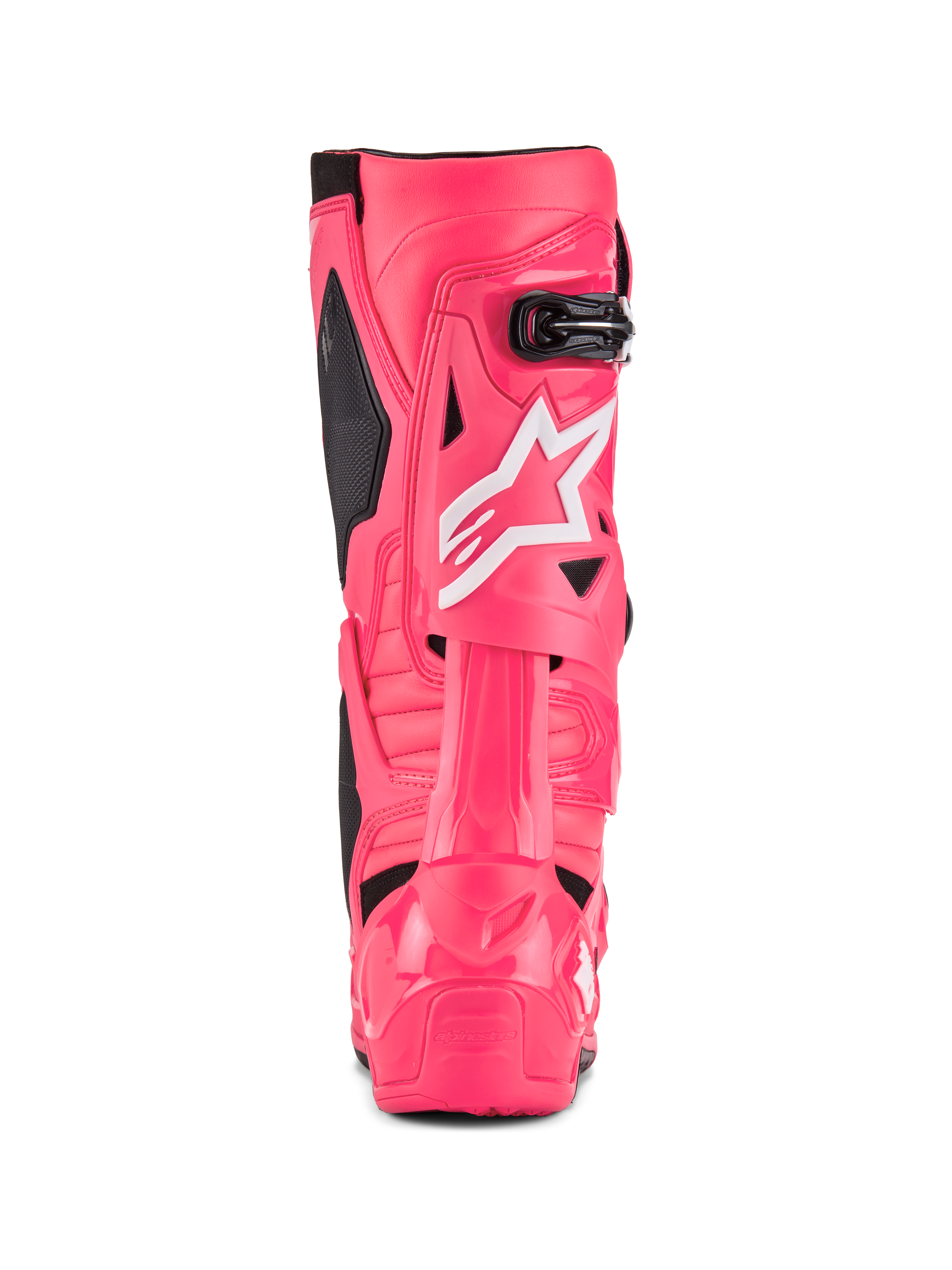 Alpinestars Tech 10 Boots, Motocross Boots, Diva Pink and White, rear view featuring white Alpinestars star logo, black accents, and structured heel and calf protection, professional off-road racing footwear