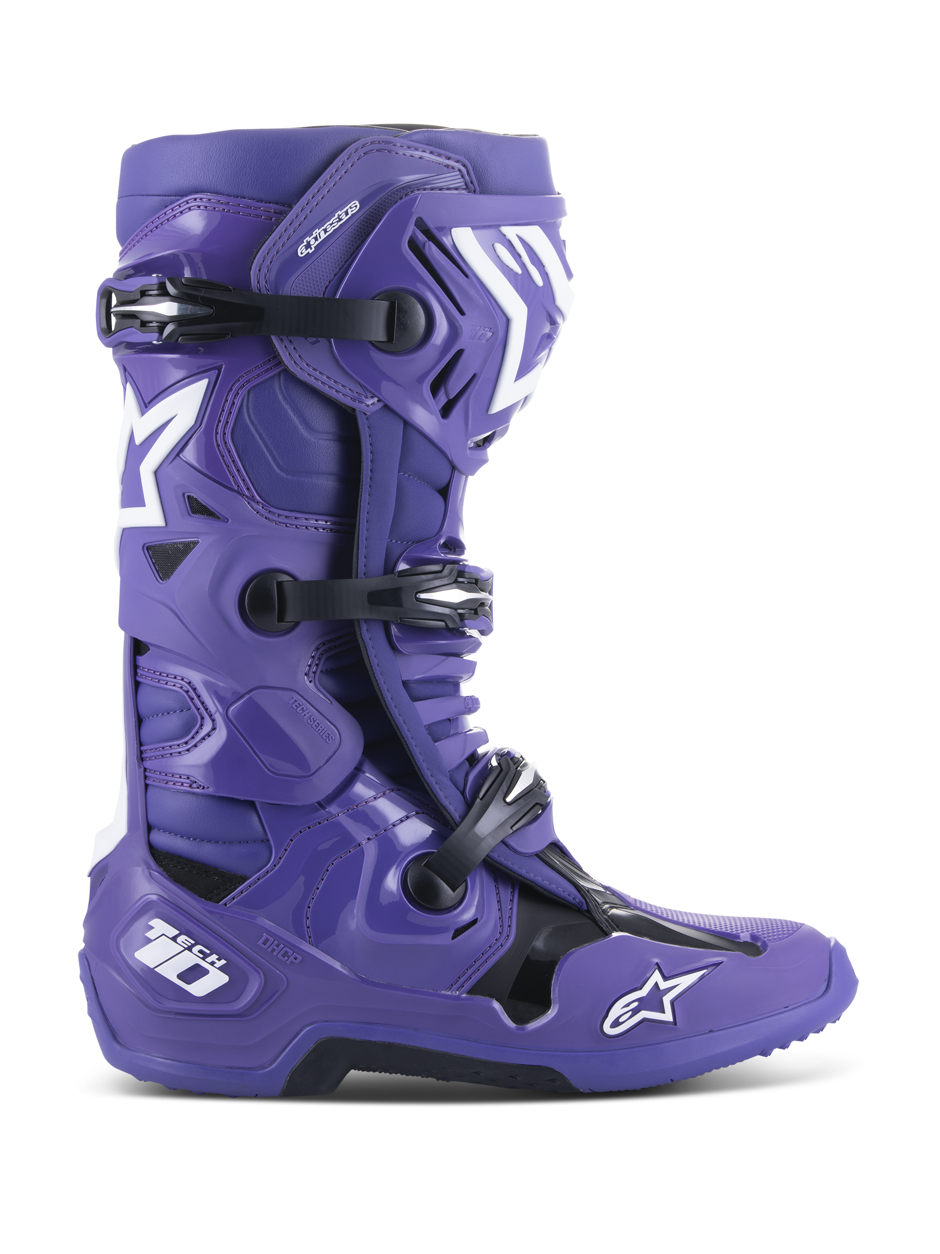 Alpinestars Tech 10 Boots, Motocross Off-Road Boots, Ultraviolet Purple with Black and White accents, featuring triple buckle closure, white star logos, Tech 10 branding on the heel, rugged sole, high-performance protective footwear