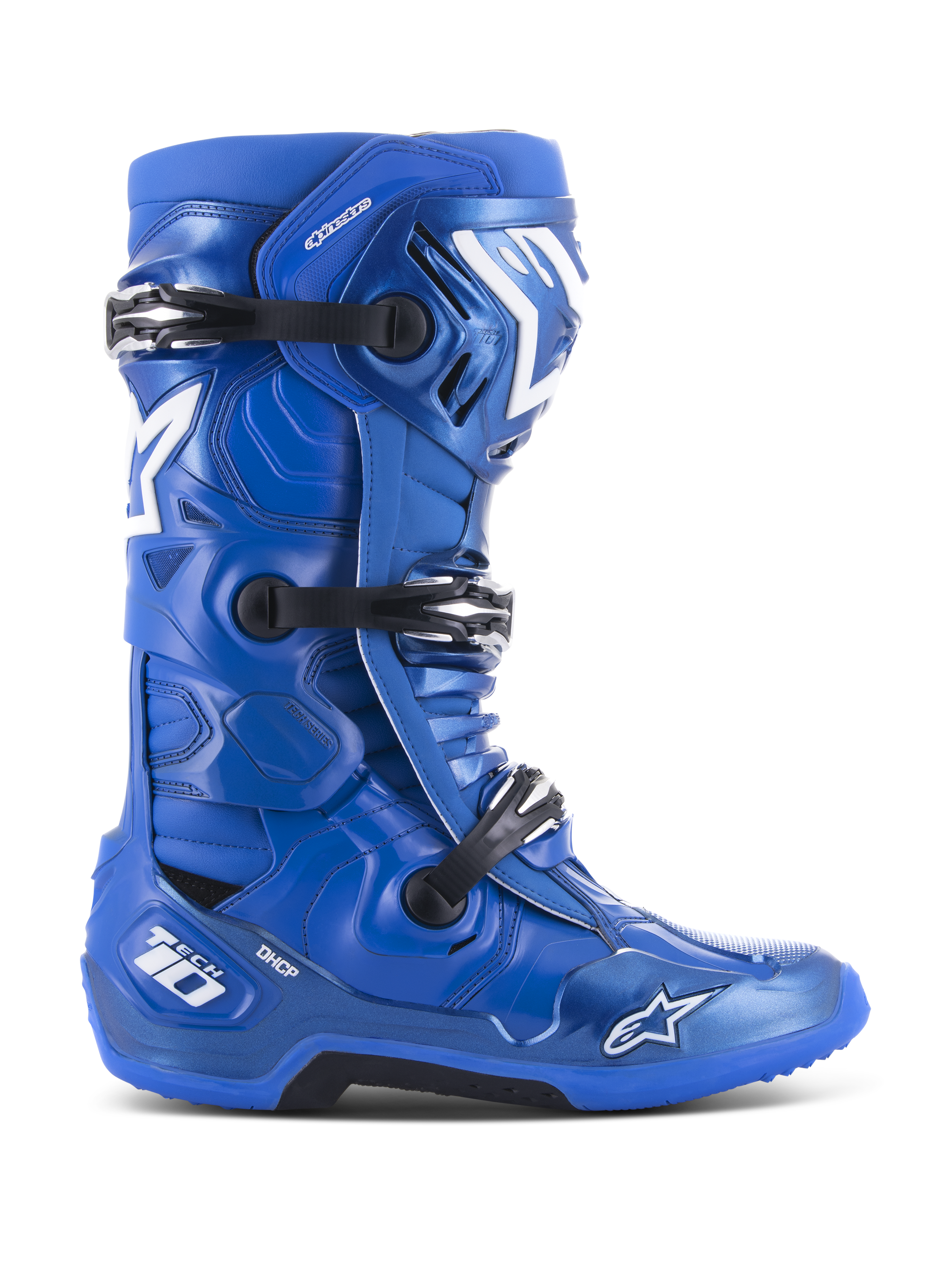 Alpinestars Tech 10 Motocross Boots, Blue with white and black accents, side profile, triple buckle closure system, DHCP heel protection, star logo and Tech 10 branding, rugged high-grip sole, professional off-road racing gear