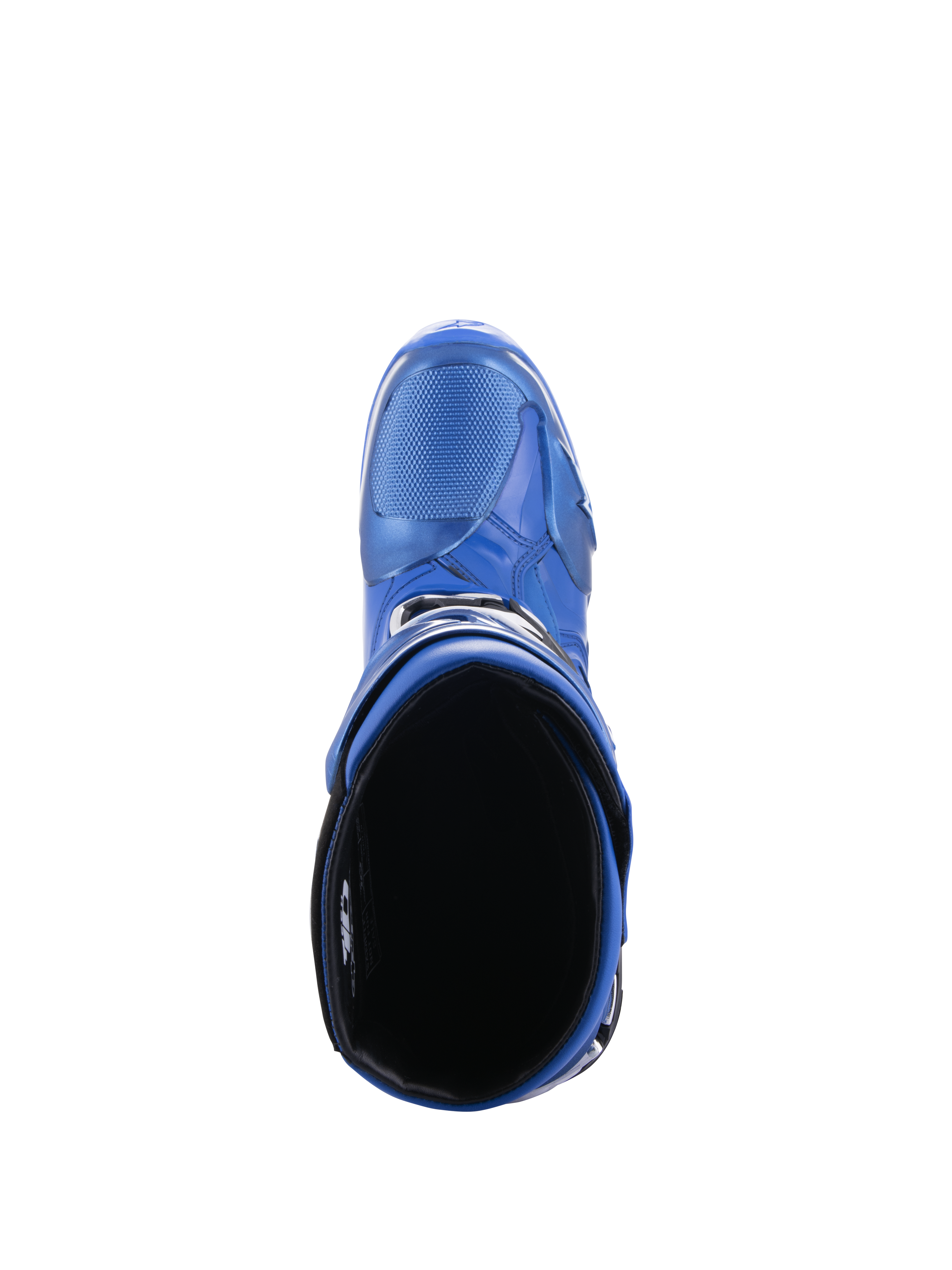 Alpinestars Tech 10 Boots, Motocross Boots, Blue and Black, top-down view looking into the interior lining and calf opening, showing the streamlined design and protective TPU shell
