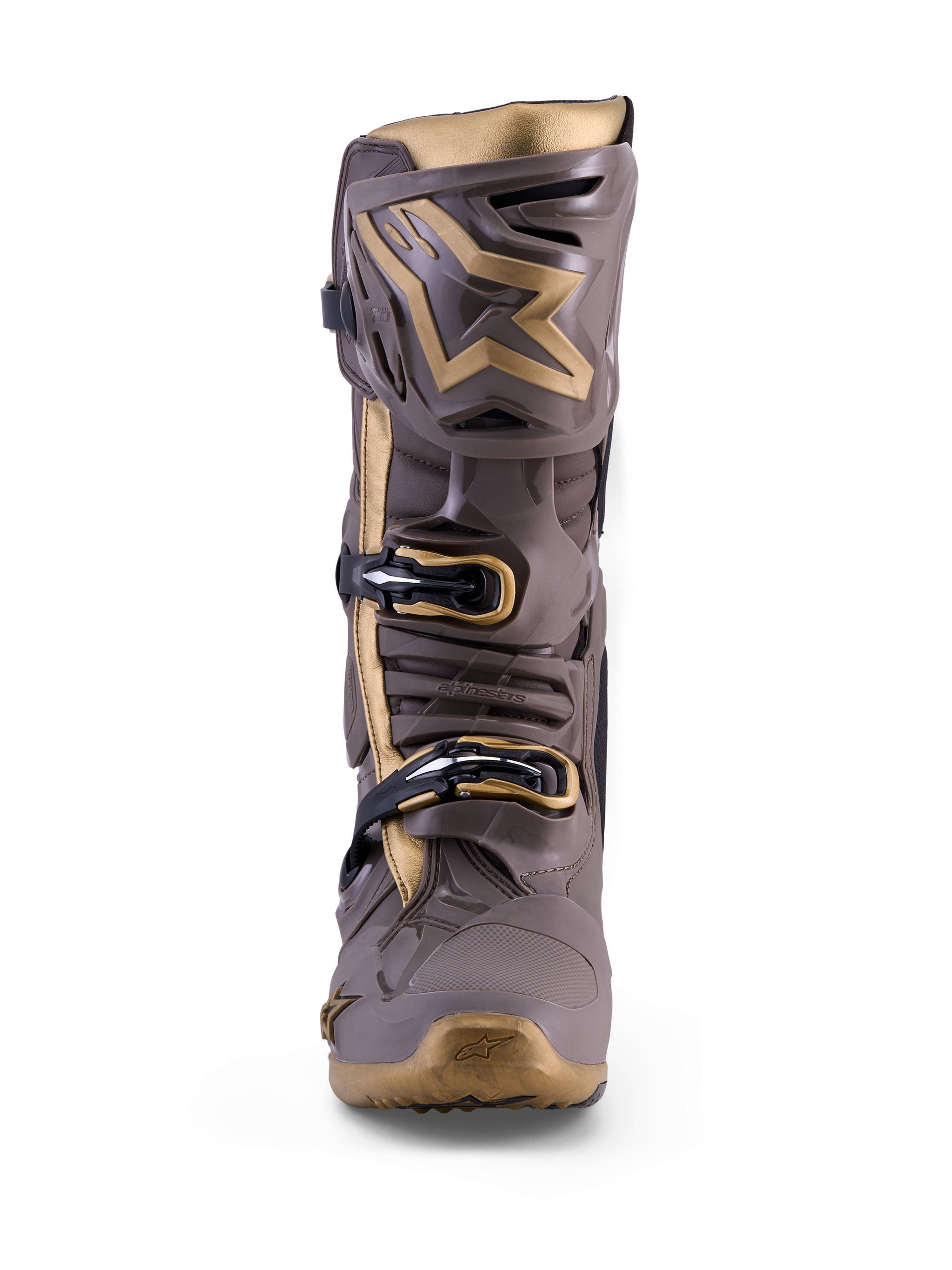 Alpinestars Tech 10 Air Gold motocross boot in Earth Brown Gold with TPU armor and metallic gold accents.