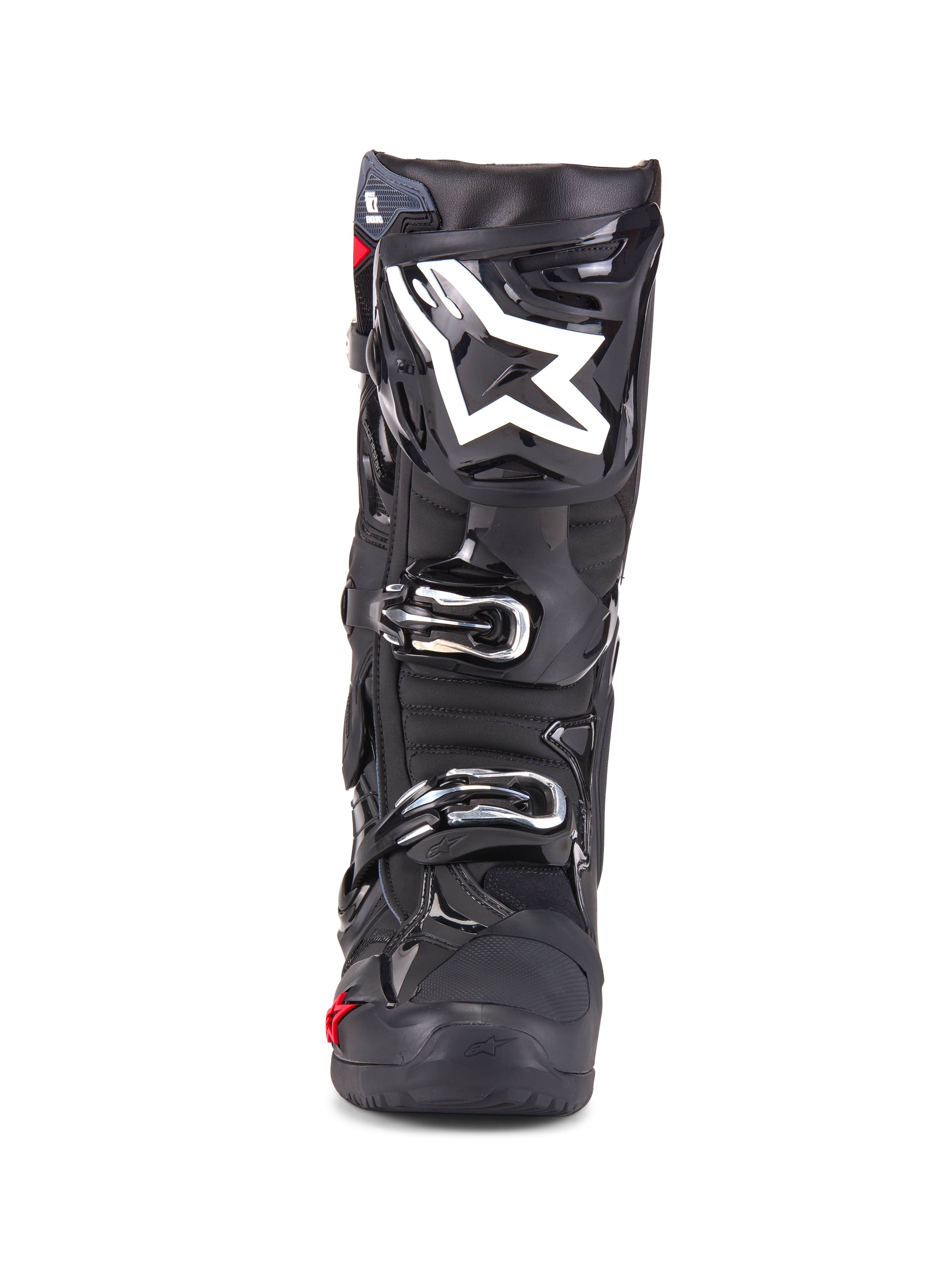 Alpinestars Tech 10 Enduro Boots, Motocross Boots, Black, front view showing white star logo on shin, silver buckles, sleek black finish with rugged protective panels, high-performance footwear for off-road riding
