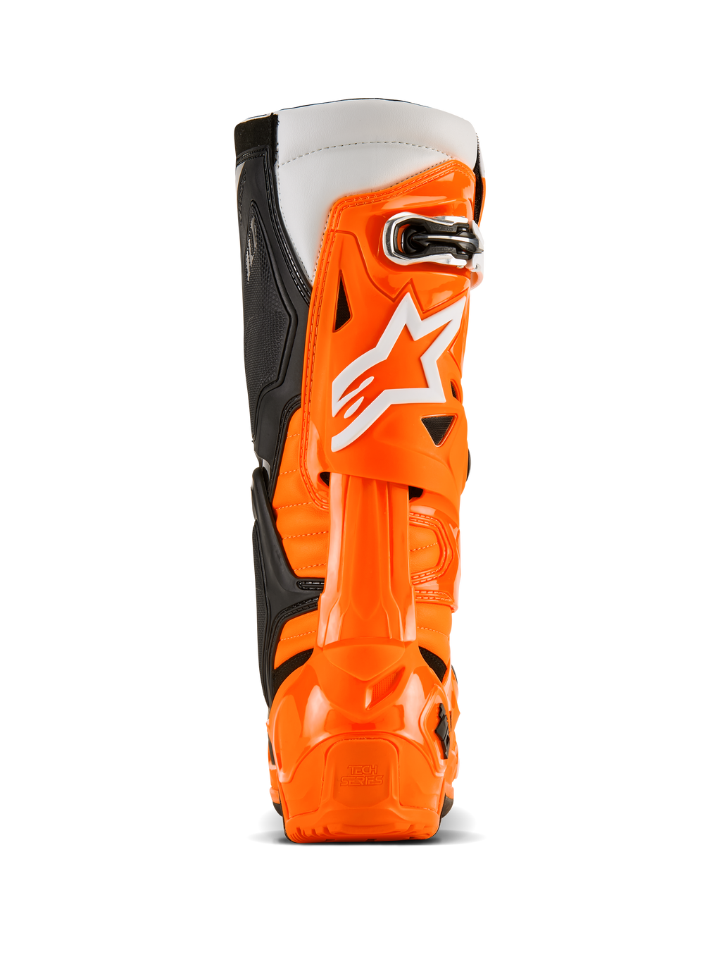 Alpinestars Tech 10 Enduro Boots, Rear View, Orange Fluo Black White, vibrant orange TPU protective shell, white Alpinestars logo, black side panels, and specialized heel protection for off-road riding
