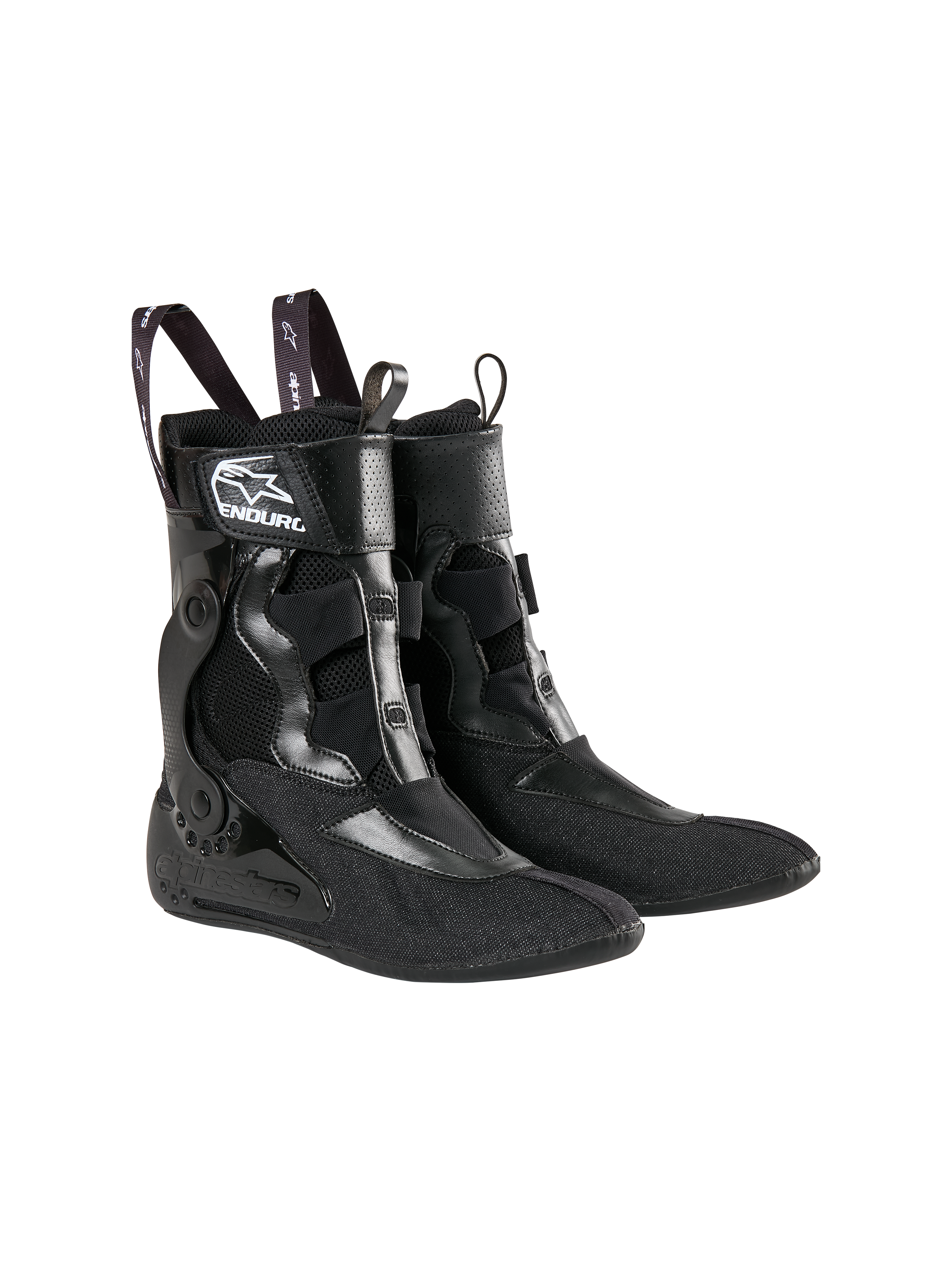 Alpinestars Tech 10 Enduro Inner Booties, Black, breathable mesh with reinforced synthetic sections, features branded pull straps and a white 'Enduro' logo, specialized internal support system for motocross and enduro racing boots.