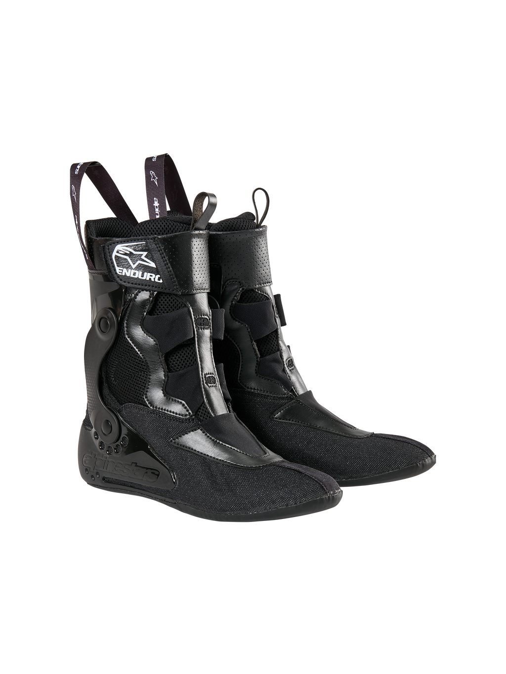 Alpinestars Tech 10 Enduro Inner Booties, black technical footwear inserts, featuring mesh and synthetic construction, Alpinestars and Enduro branding on the ankle, pull tabs for easy entry, designed for motocross and enduro racing support