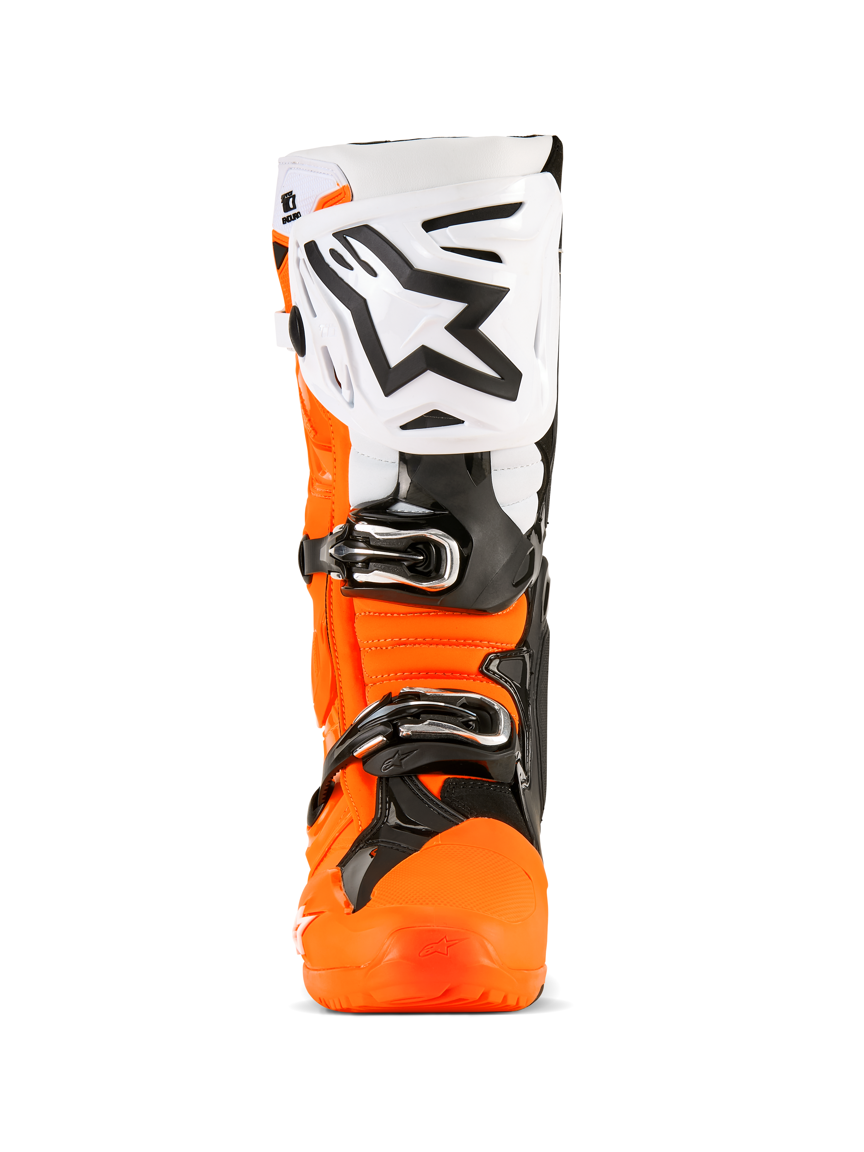 Alpinestars Tech 10 Enduro Boots, Motocross Boots, Orange Fluo Black and White, front view featuring large white shin plate with black Alpinestars logo, black buckles, and rugged orange protective shell