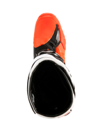 Alpinestars Tech 10 Enduro Boots, Orange Fluo Black and White, top-down view looking into the boot opening, showing the black interior lining and bright orange toe box area, professional off-road motorcycle footwear