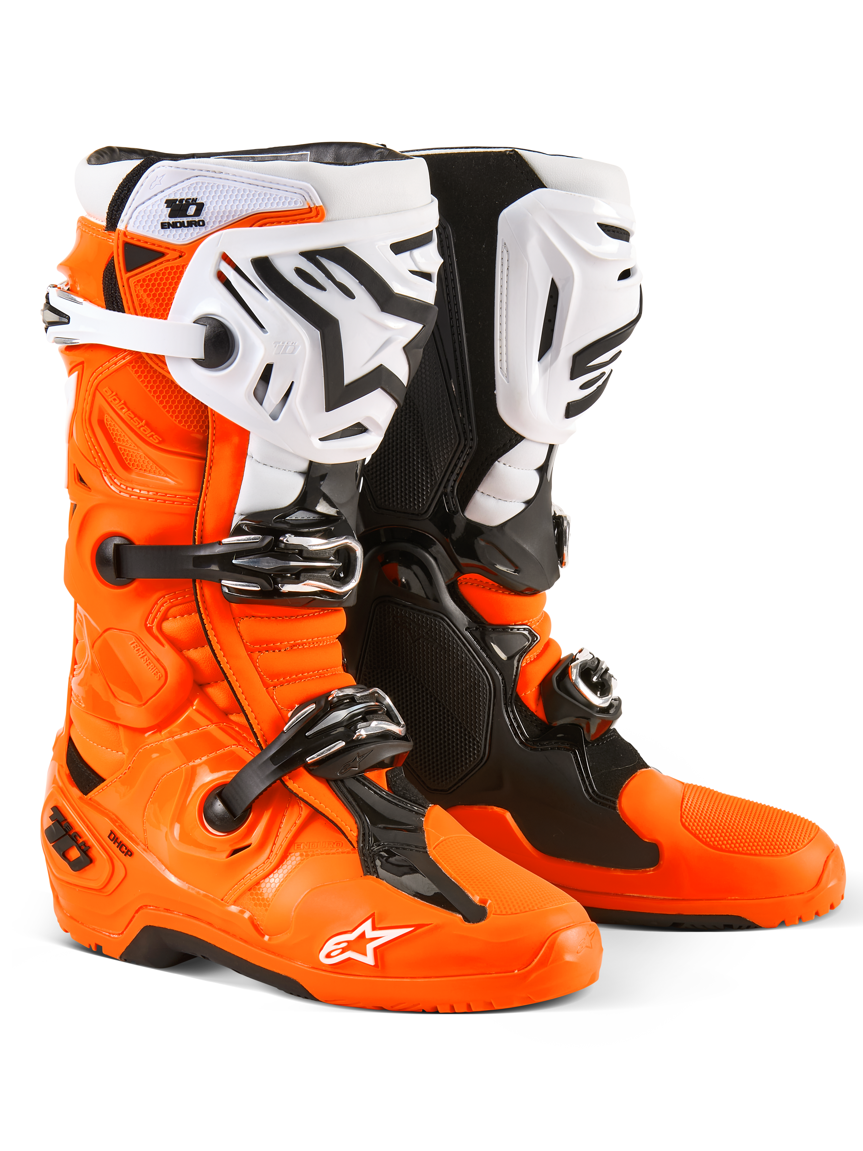 Alpinestars Tech 10 Enduro Boots, Motocross and Enduro Boots, Orange Fluo Black and White, featuring triple buckle closure system, white shin plates with black Alpinestars logo, and rugged dual-compound soles, protective off-road footwear