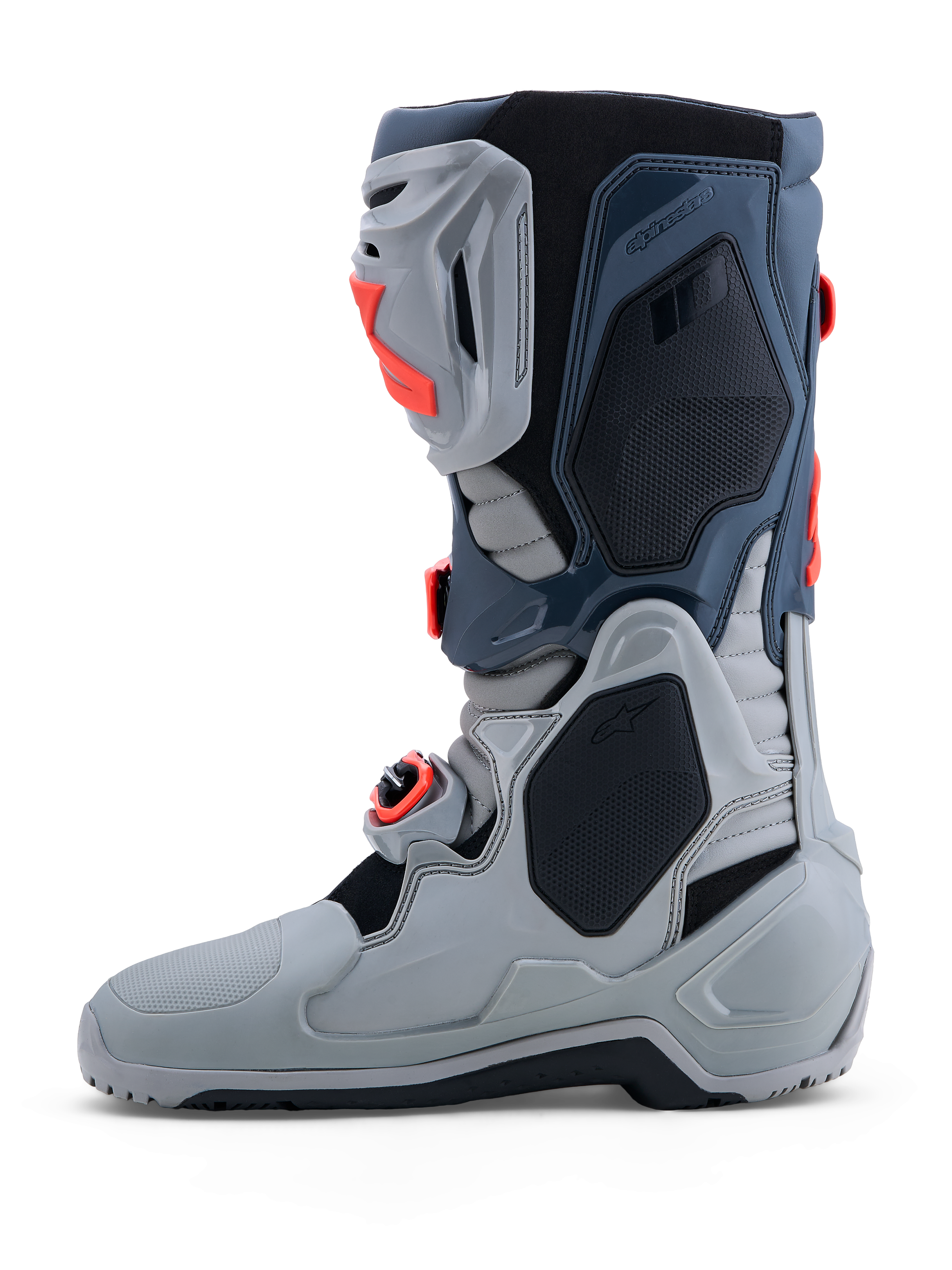 Alpinestars Tech-10 Enduro Boots, Men's gray and red off-road racing boots featuring advanced TPU armor and buckles.