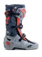 Alpinestars Tech-10 Enduro Boots, off-road racing footwear in gray and red fluo with DCHP and TPU protection.