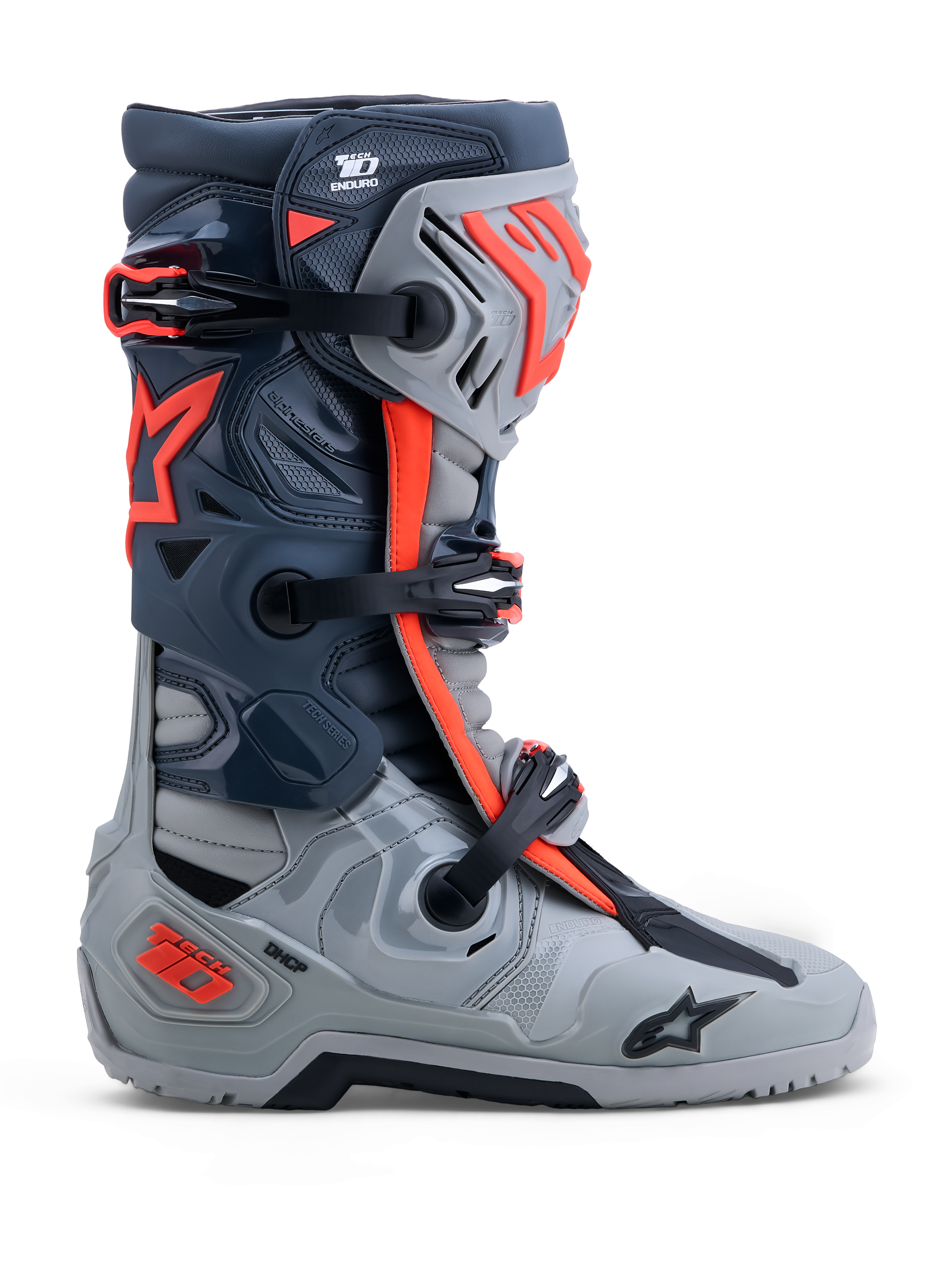 Alpinestars Tech-10 Enduro Boots, off-road racing footwear in gray and red fluo with DCHP and TPU protection.