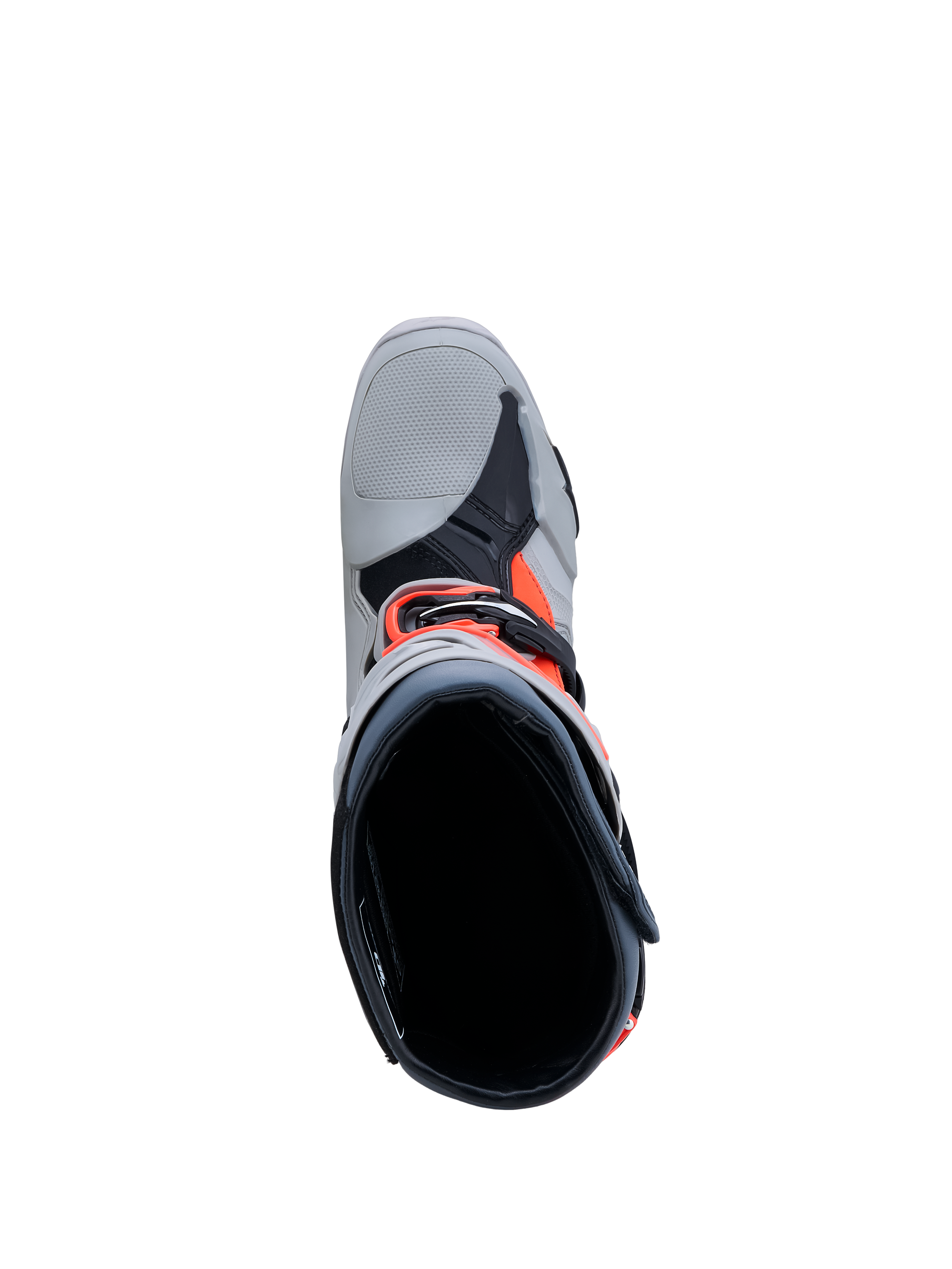 Alpinestars Tech-10 Enduro Boots, Men's Motocross Boots in Gray and Red Fluo, top-down view showing interior and buckle closure.