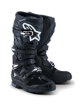 Alpinestars 2026 Tech 7 Enduro Boots, Motorcycle Enduro Boots, Black Anthracite and White, featuring a four-buckle closure system, white A-star logo on the shin plate, rugged dual-compound sole for off-road traction