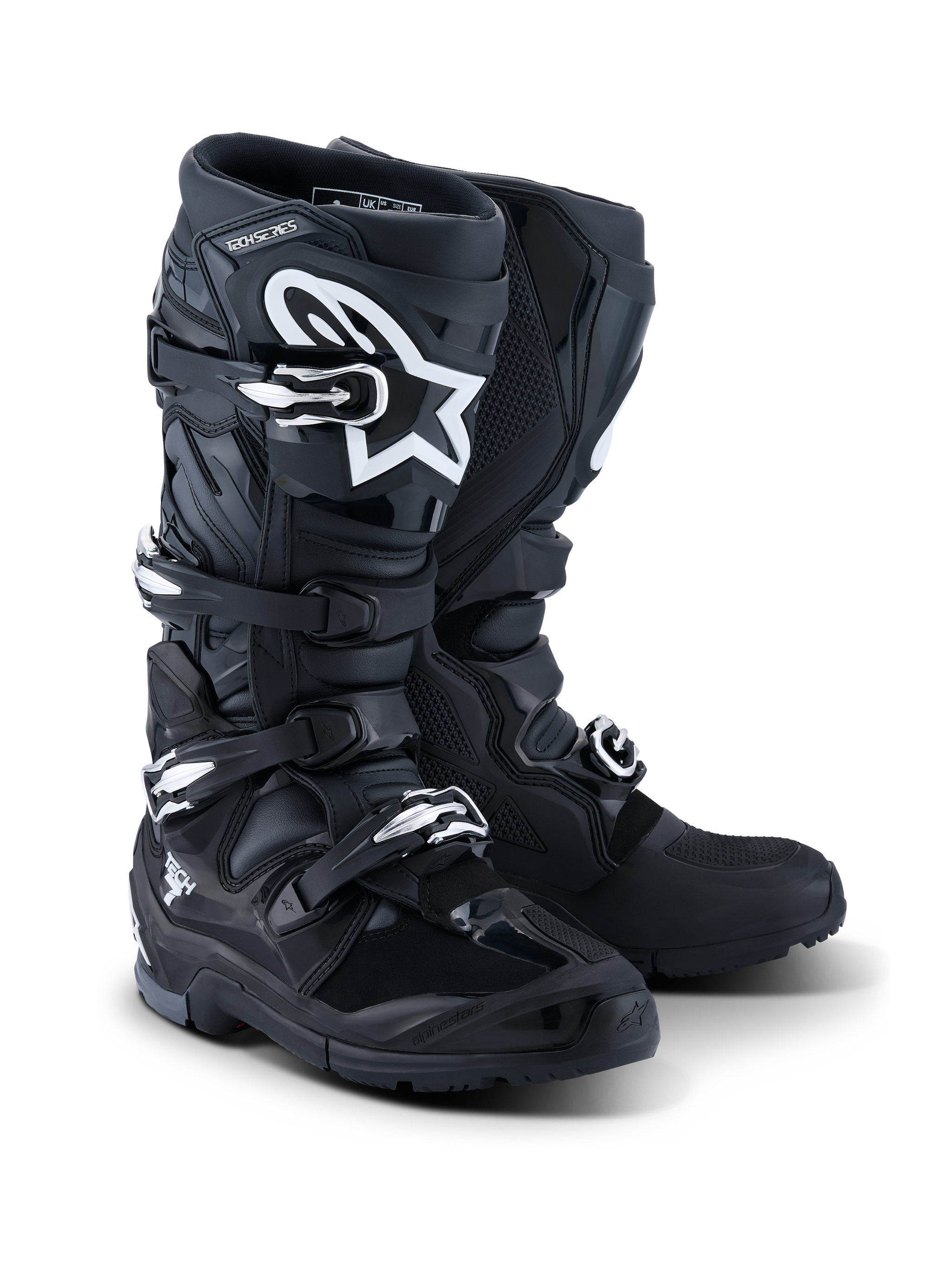 Alpinestars 2026 Tech 7 Enduro Boots, Motorcycle Enduro Boots, Black Anthracite and White, featuring a four-buckle closure system, white A-star logo on the shin plate, rugged dual-compound sole for off-road traction