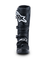 Alpinestars 2026 Tech 7 Enduro Boots, Black Anthracite White, front view featuring a prominent white star logo on the shin plate, four-buckle quick-release system, and reinforced protective structure for enduro and off-road riding