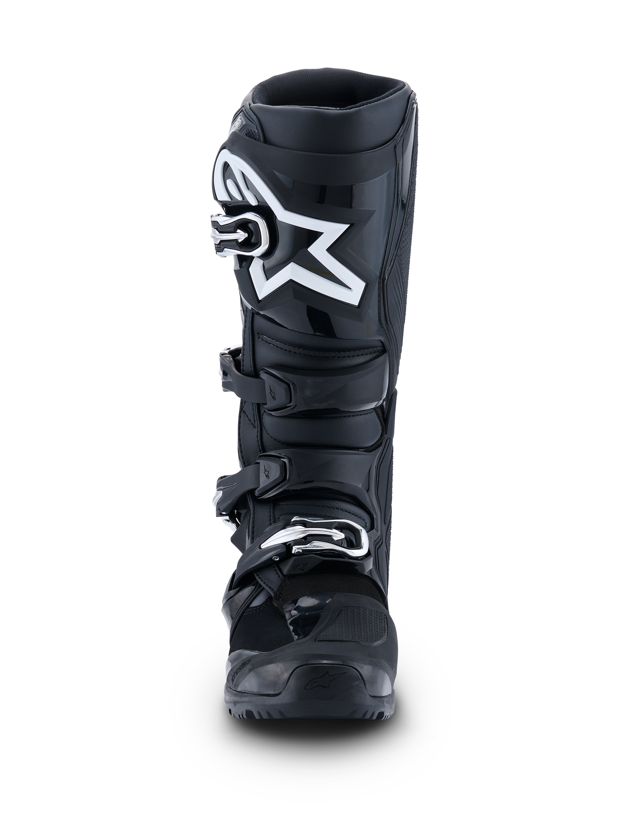 Alpinestars 2026 Tech 7 Enduro Boots, Black Anthracite White, front view featuring a prominent white star logo on the shin plate, four-buckle quick-release system, and reinforced protective structure for enduro and off-road riding