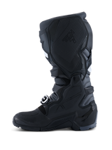 Alpinestars 2026 Tech 7 Enduro Boots, Motocross and Enduro Boots, Black Anthracite White, medial side view showing the textured TPU panel for bike contact, rugged dual-compound sole, and durable microfiber construction.