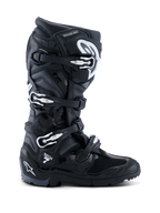 Alpinestars 2026 Tech 7 Enduro Boots, Black Anthracite White, specialized off-road motorcycle boots featuring a four-buckle closure system, durable PU-reinforced microfiber upper, and a rugged lugged sole for enduro terrain, sleek design with prominent Tech 7 branding on the heel.