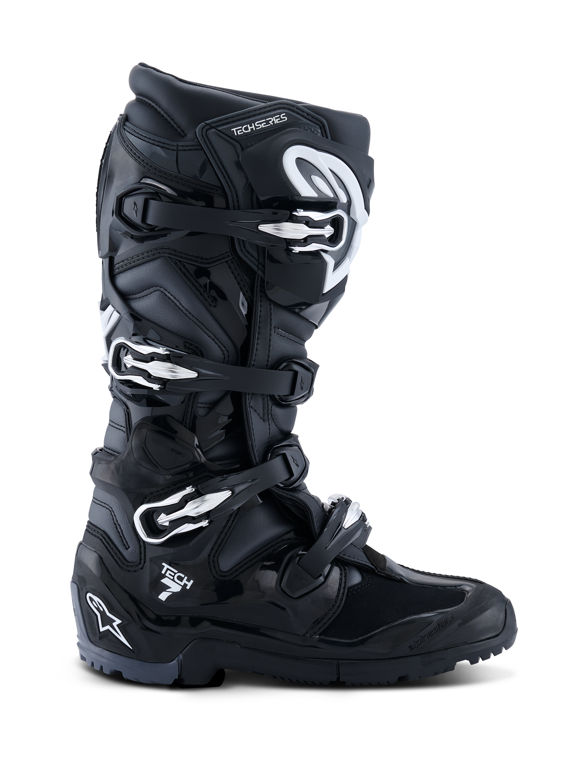 Alpinestars 2026 Tech 7 Enduro Boots, Black Anthracite White, specialized off-road motorcycle boots featuring a four-buckle closure system, durable PU-reinforced microfiber upper, and a rugged lugged sole for enduro terrain, sleek design with prominent Tech 7 branding on the heel.