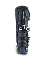 Alpinestars 2026 Tech 7 Enduro Boots, Rear View, Black Anthracite and White, off-road motorcycle boots featuring white Astar logo, buckle closure system, and TPU heel protection