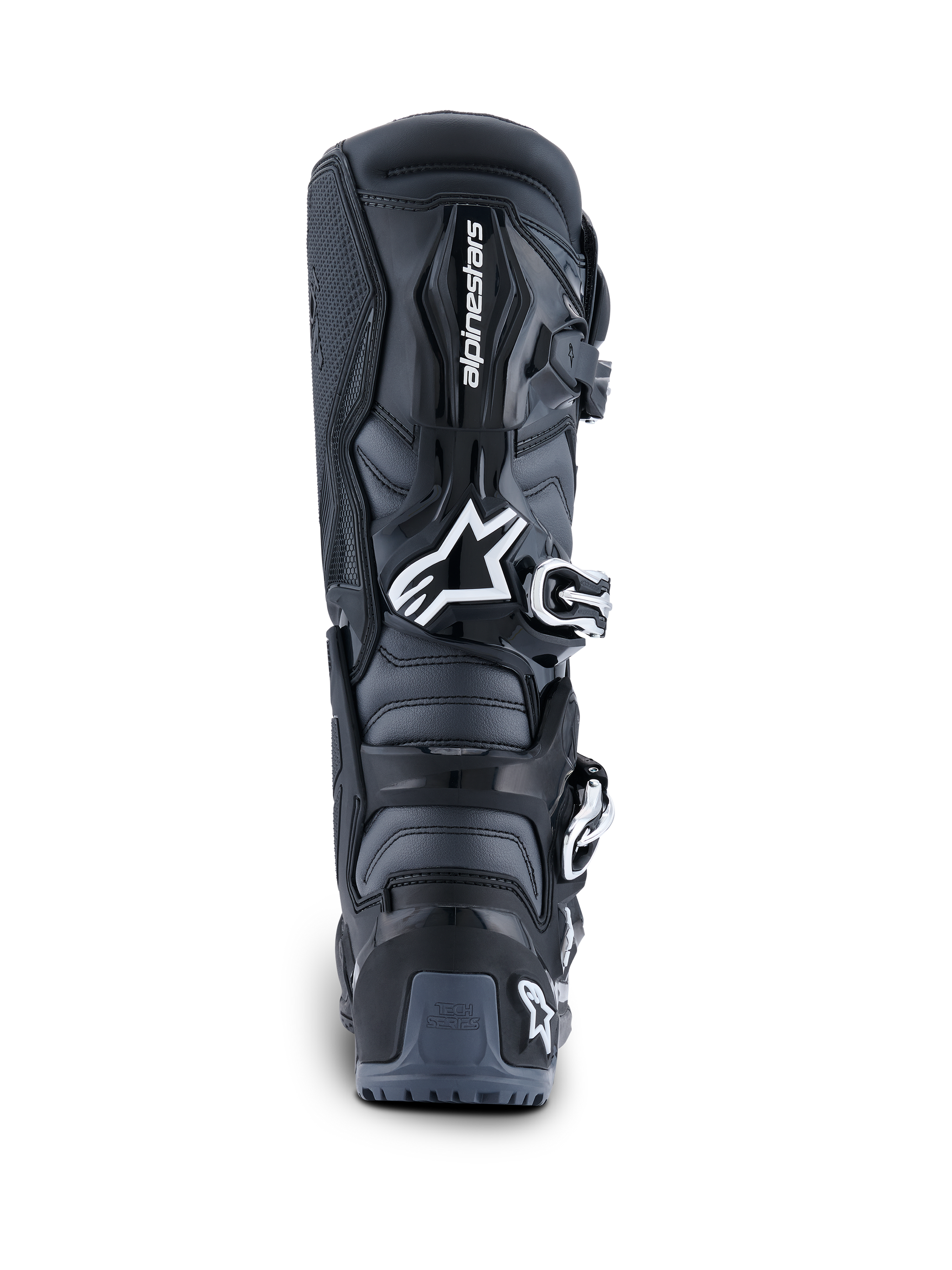 Alpinestars 2026 Tech 7 Enduro Boots, Rear View, Black Anthracite and White, off-road motorcycle boots featuring white Astar logo, buckle closure system, and TPU heel protection