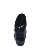 Alpinestars 2026 Tech 7 Enduro Boots, Black Anthracite White, bottom view showing the specialized Enduro-spec dual compound sole, intricate tread pattern for off-road traction, white Alpinestars branding and wear limit indicator