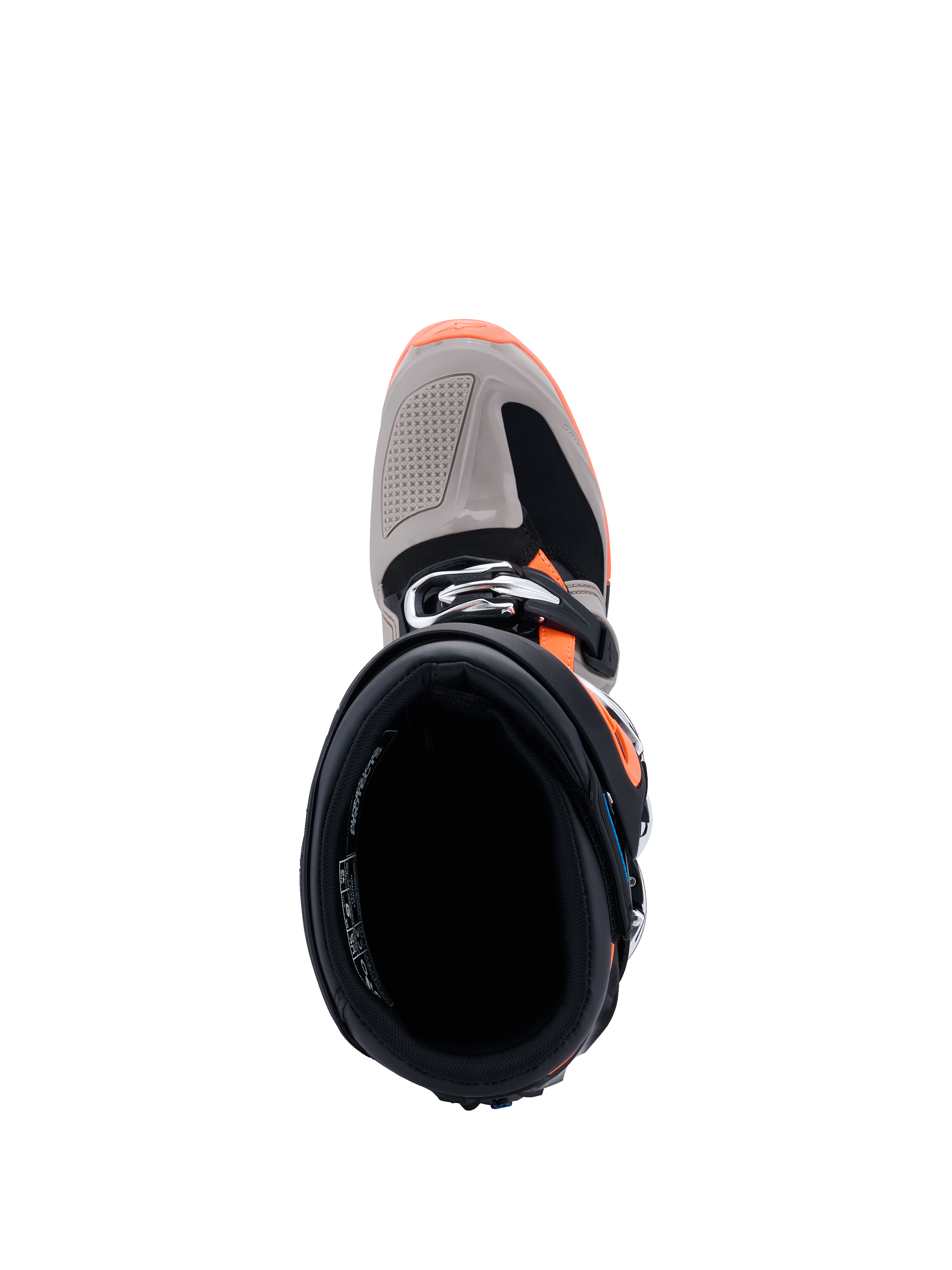 Alpinestars 2026 Tech 7 Enduro Boots, top-down view looking into the boot opening, Black Warm Gray and Orange Fluo, showing the buckle closure and reinforced toe box, professional-grade off-road motorcycle footwear