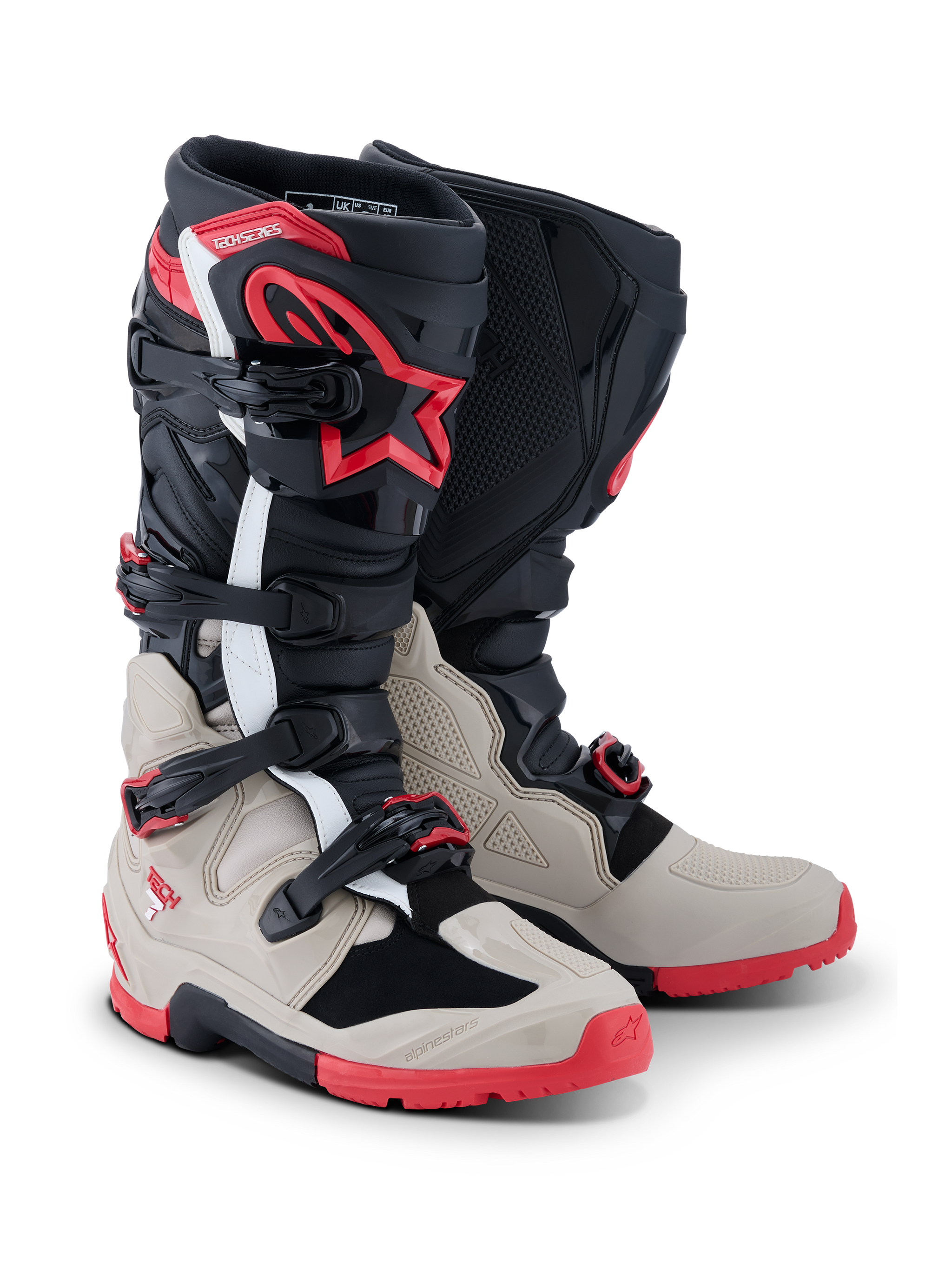 Alpinestars 2026 Tech 7 Enduro Boots, Motocross and Enduro Boots, Black Light Gray and Bright Red, featuring a four-buckle closure system, TPU shin protection with red star logo, and a rugged red sole for off-road performance