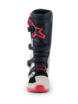 Alpinestars 2026 Tech 7 Enduro Boots, Motocross Boots, Black Light Gray and Bright Red, front view showing multi-buckle closure system and red star logo on the shin