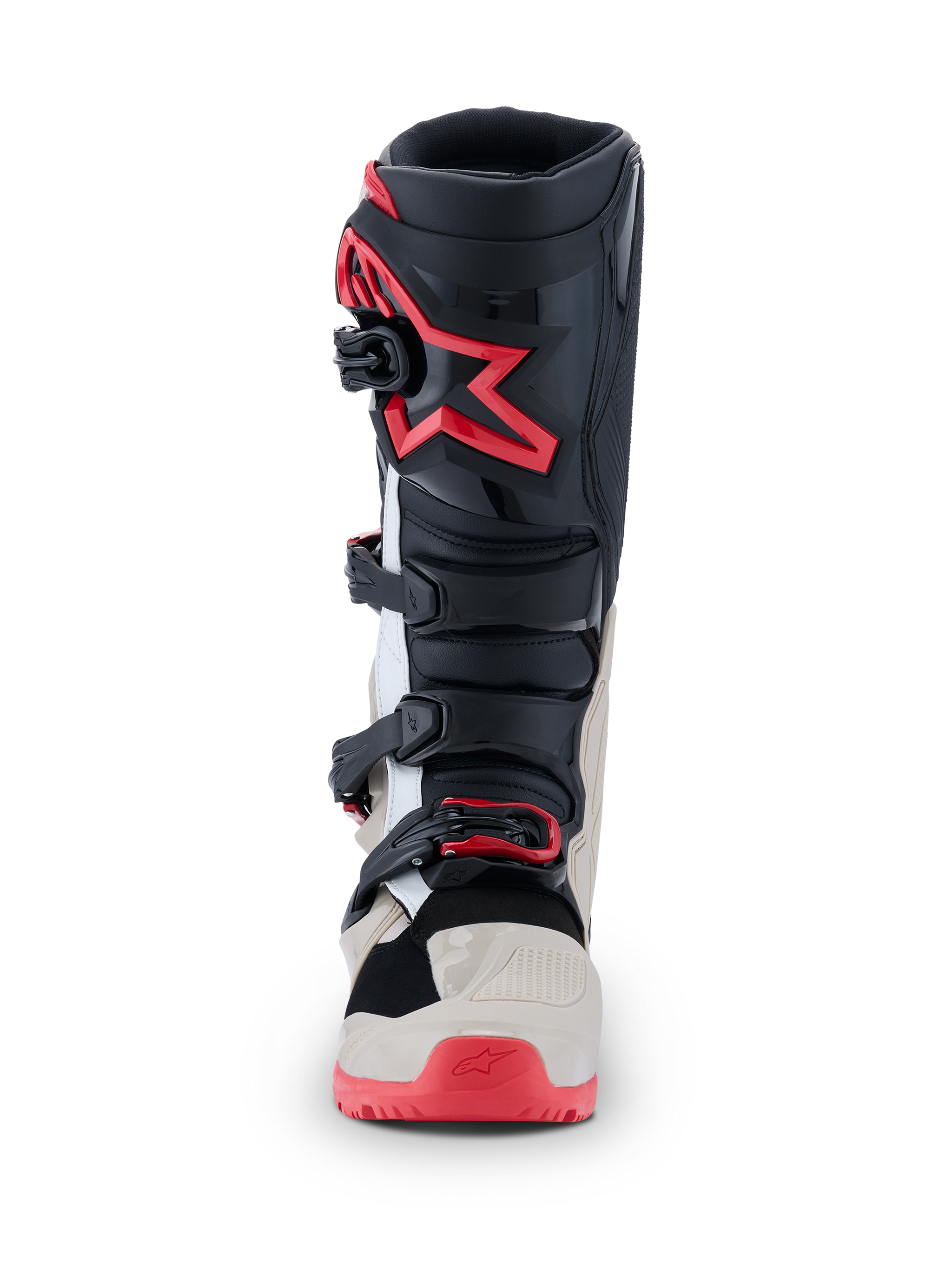 Alpinestars 2026 Tech 7 Enduro Boots, Motocross Boots, Black Light Gray and Bright Red, front view showing multi-buckle closure system and red star logo on the shin