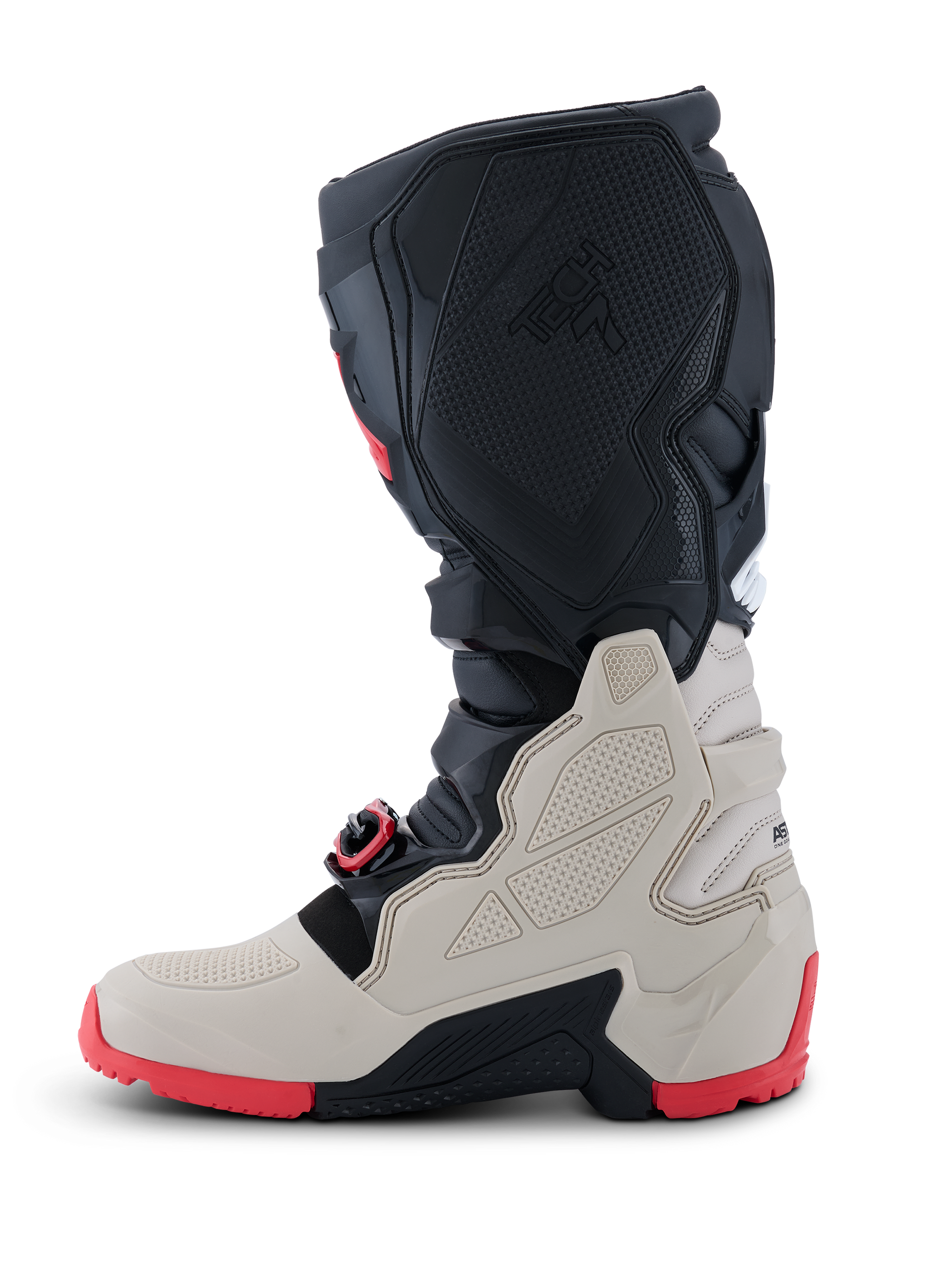 Alpinestars 2026 Tech 7 Enduro Boots, Off-Road Motorcycle Boots, Black Light Gray and Bright Red, profile view showing TPU protection panels, self-aligning buckle system, and rugged red dual-compound sole for enduro riding