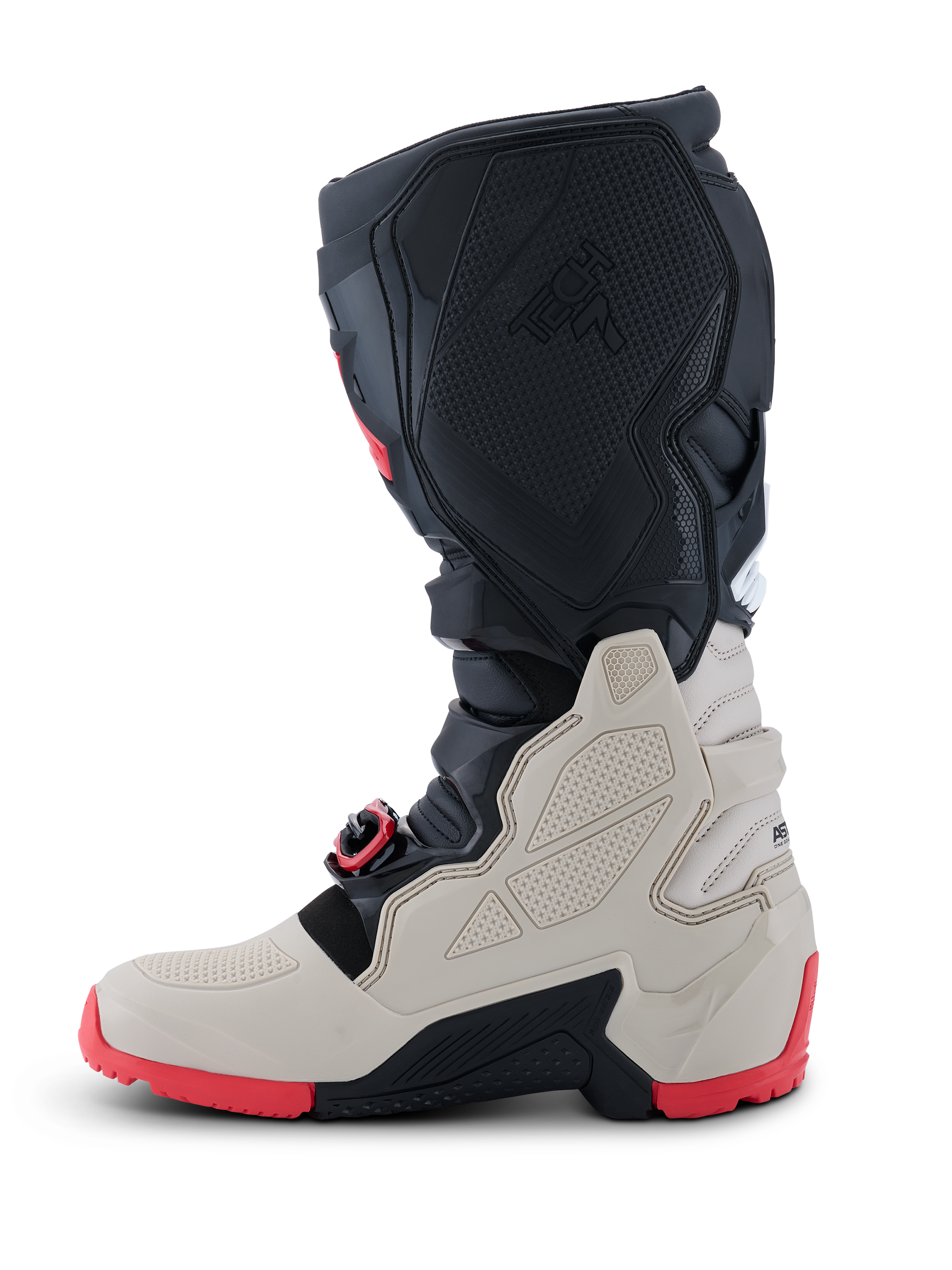 Alpinestars 2026 Tech 7 Enduro Boots, Off-Road Motorcycle Boots, Black Light Gray and Bright Red, profile view showing TPU protection panels, self-aligning buckle system, and rugged red dual-compound sole for enduro riding