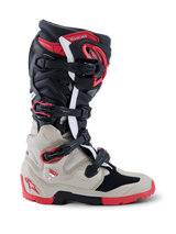 Alpinestars 2026 Tech 7 Enduro Boots, off-road motorcycle boots in Black, Light Gray, and Bright Red, side profile view showing the multi-buckle system and extensive TPU impact protection.